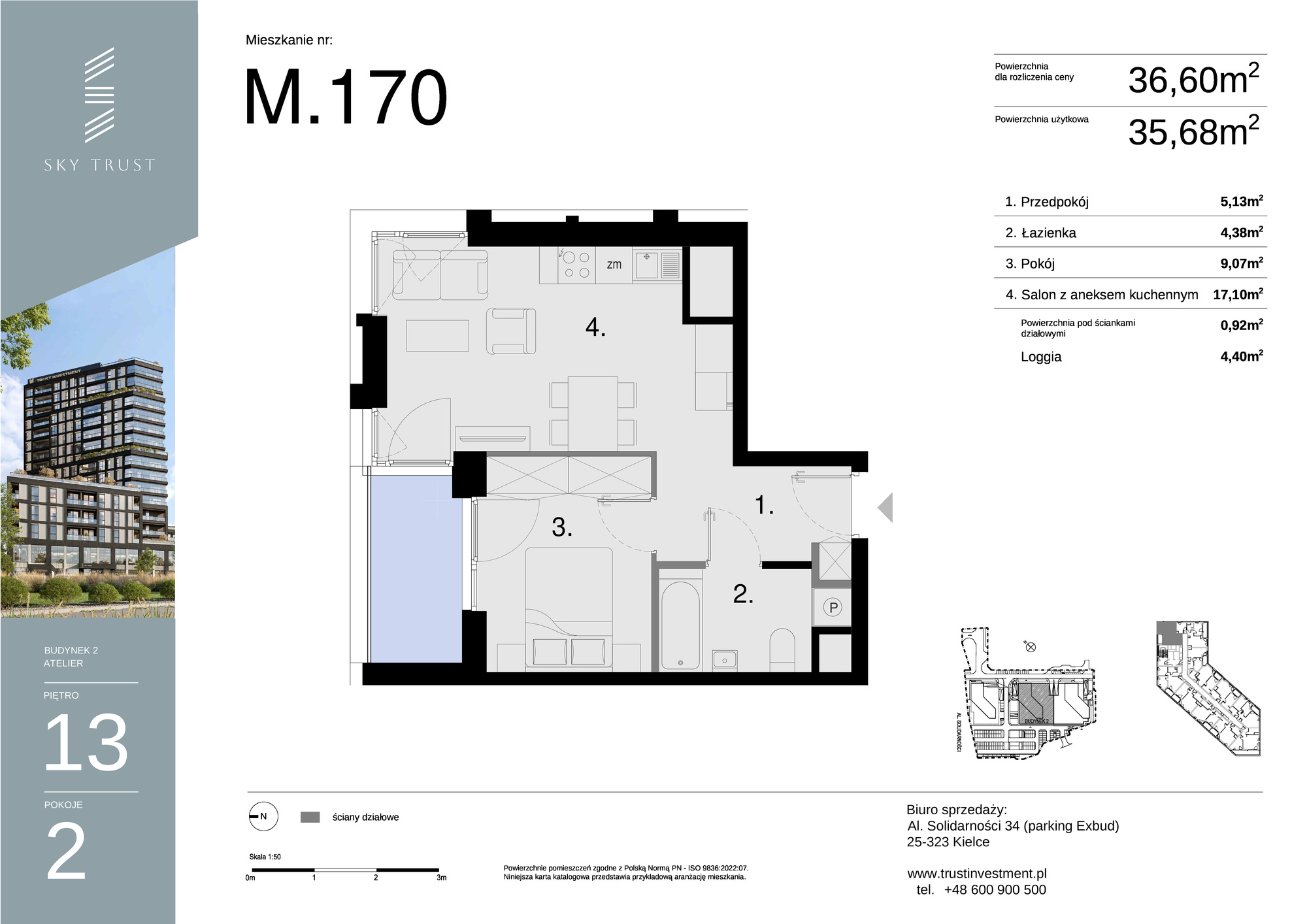 Mieszkanie 36,60 m², piętro 13, oferta nr M170, Sky Trust II , Kielce, Bocianek, al. Solidarności / ul. Świętokrzyska-idx