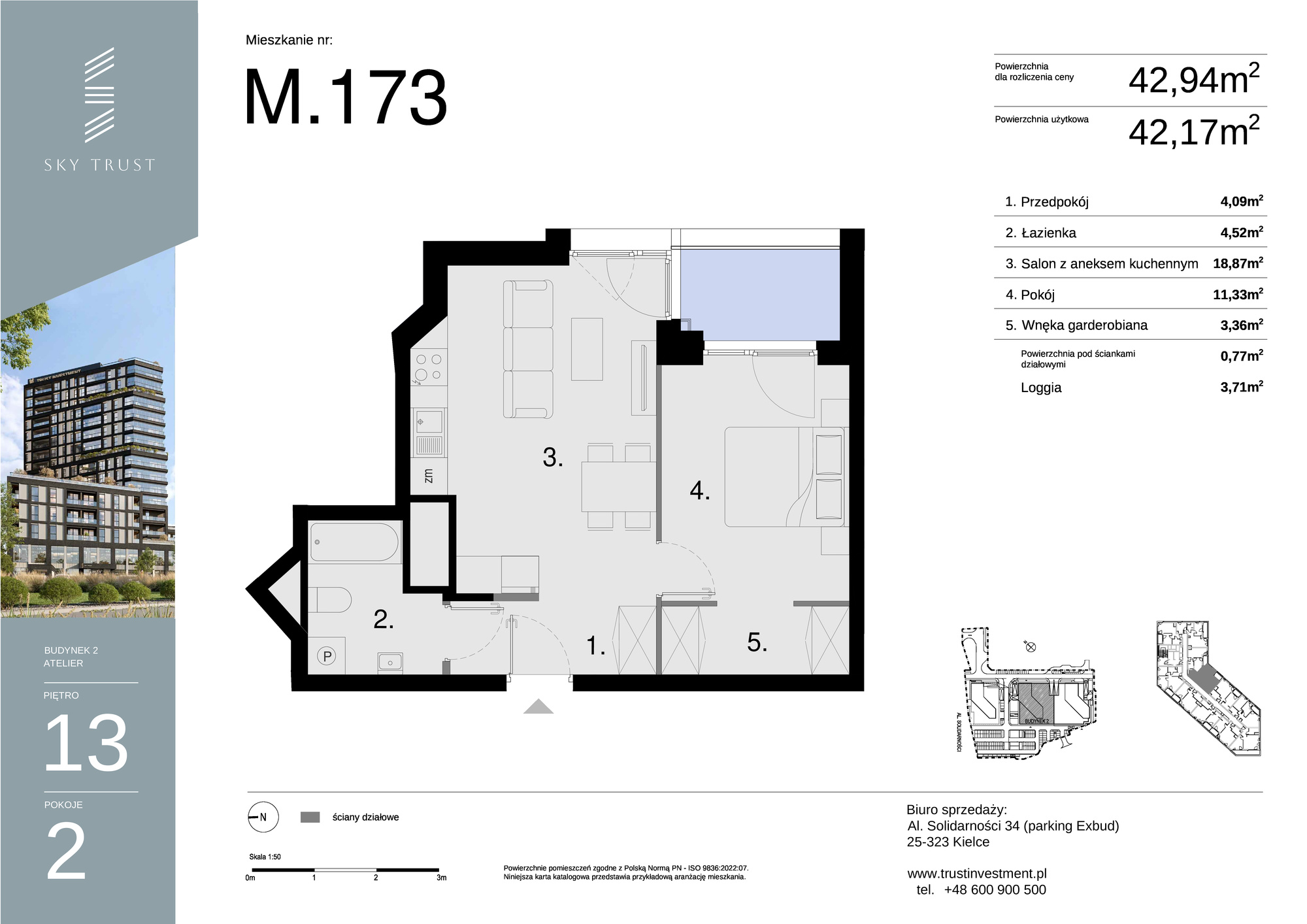 Mieszkanie 42,94 m², piętro 13, oferta nr M173, Sky Trust II , Kielce, Bocianek, al. Solidarności / ul. Świętokrzyska-idx