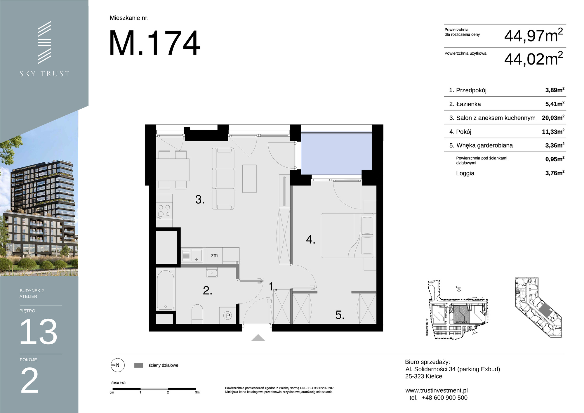 Mieszkanie 44,97 m², piętro 13, oferta nr M174, Sky Trust II , Kielce, Bocianek, al. Solidarności / ul. Świętokrzyska-idx