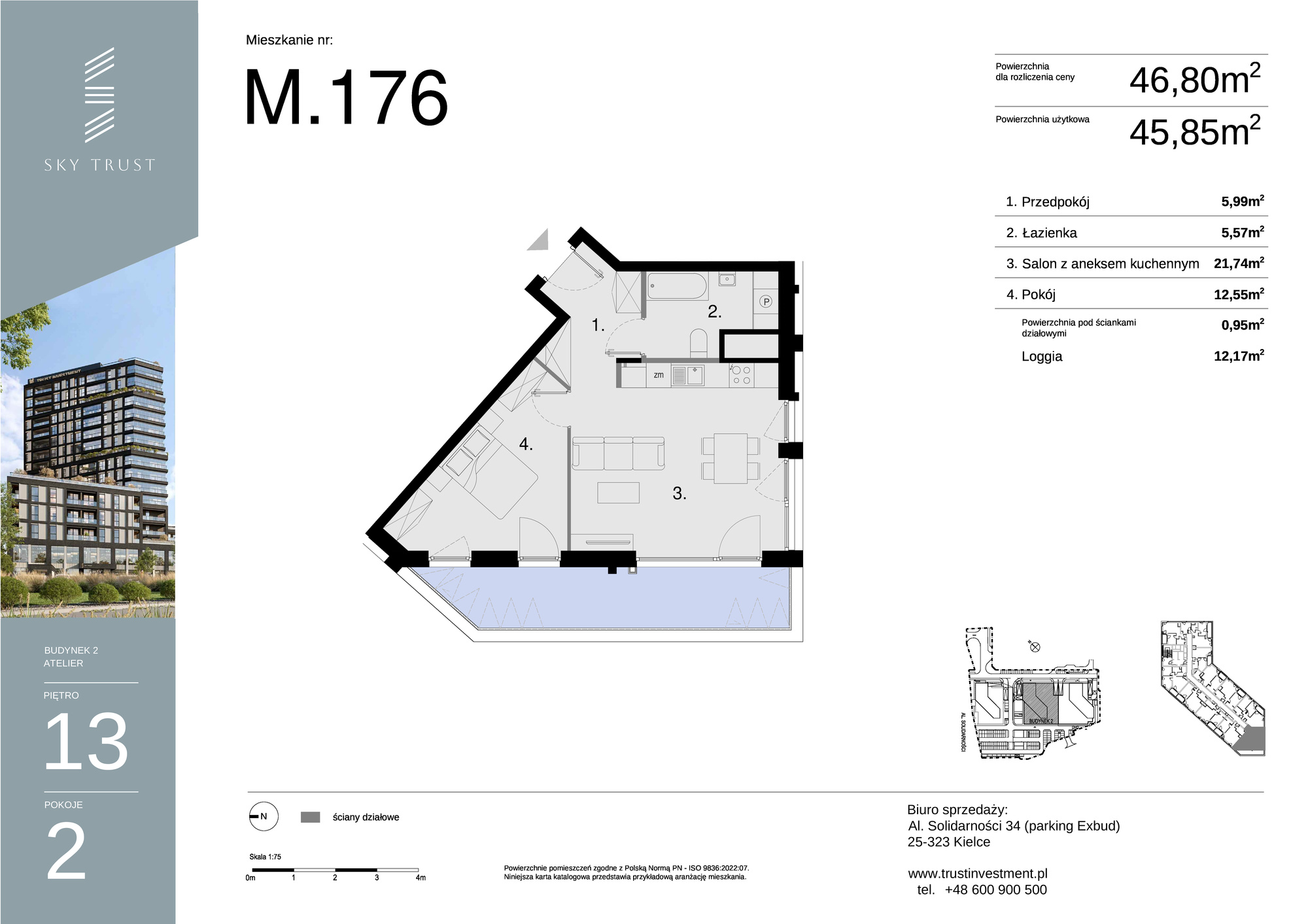 Mieszkanie 46,80 m², piętro 13, oferta nr M176, Sky Trust II , Kielce, Bocianek, al. Solidarności / ul. Świętokrzyska-idx