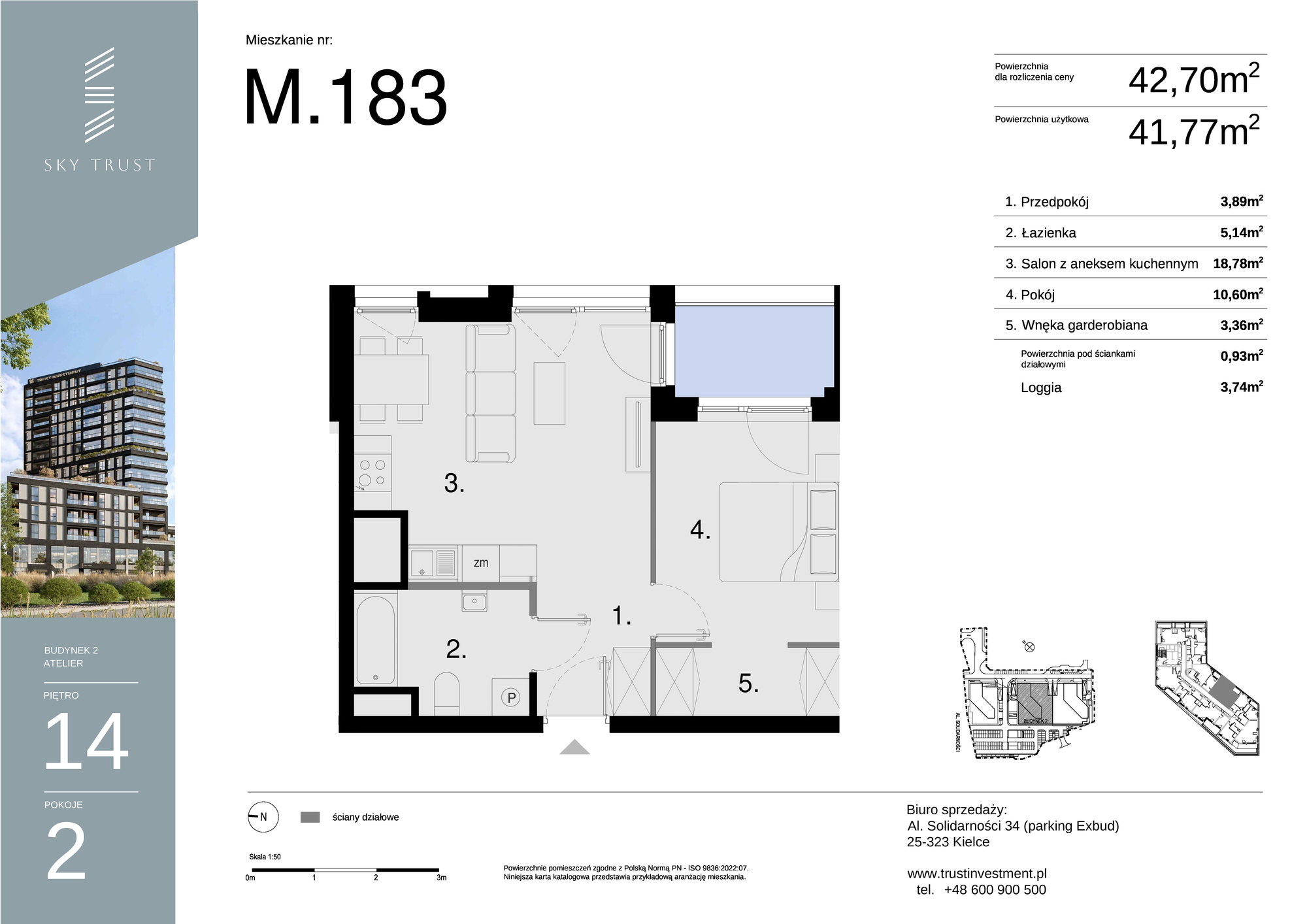 Mieszkanie 42,70 m², piętro 14, oferta nr M183, Sky Trust II , Kielce, Bocianek, al. Solidarności / ul. Świętokrzyska-idx