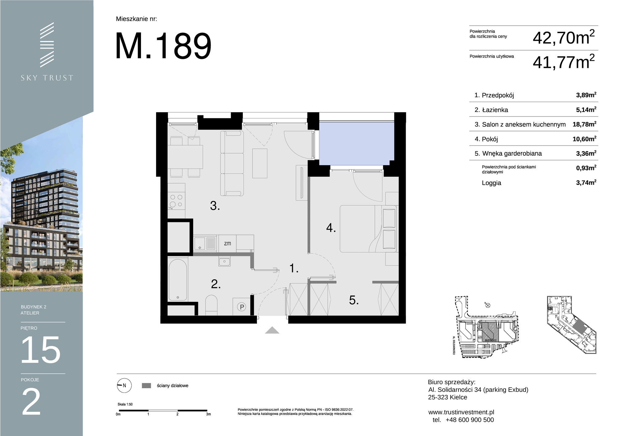 Mieszkanie 42,70 m², piętro 15, oferta nr M189, Sky Trust II , Kielce, Bocianek, al. Solidarności / ul. Świętokrzyska-idx