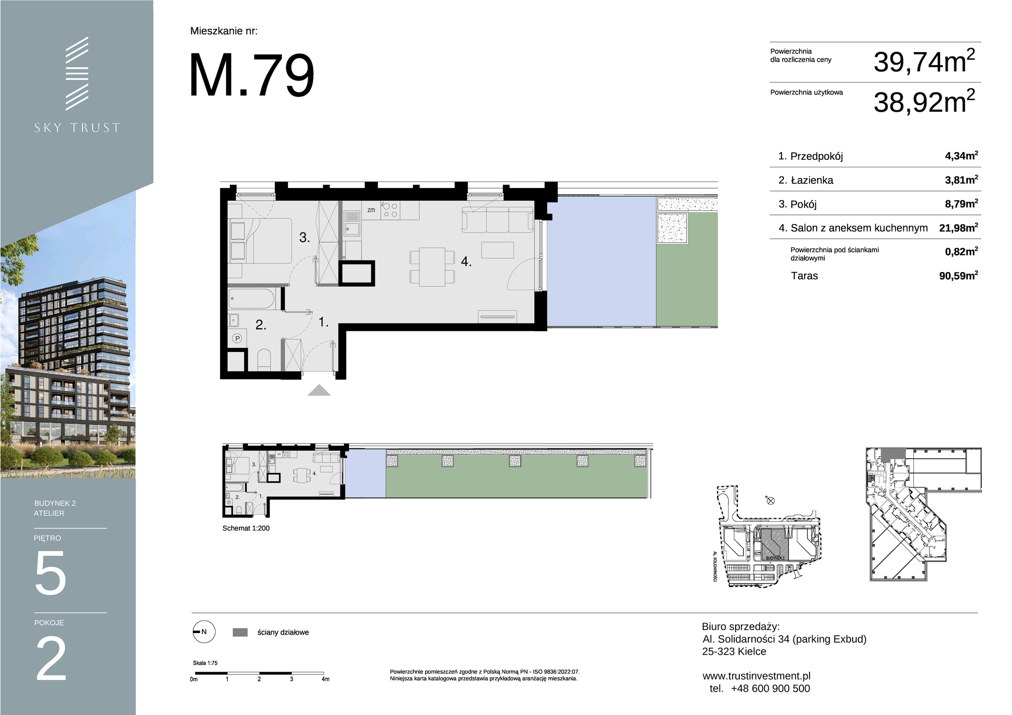 Mieszkanie 39,74 m², piętro 5, oferta nr M79, Sky Trust II , Kielce, Bocianek, al. Solidarności / ul. Świętokrzyska-idx