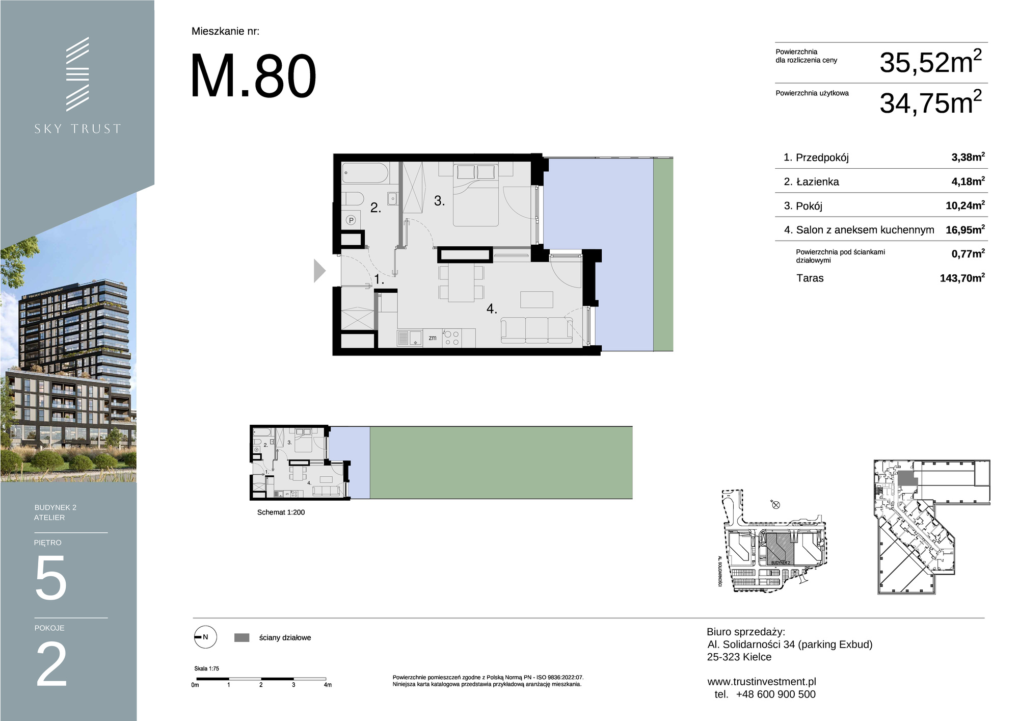 Mieszkanie 35,52 m², piętro 5, oferta nr M80, Sky Trust II , Kielce, Bocianek, al. Solidarności / ul. Świętokrzyska-idx