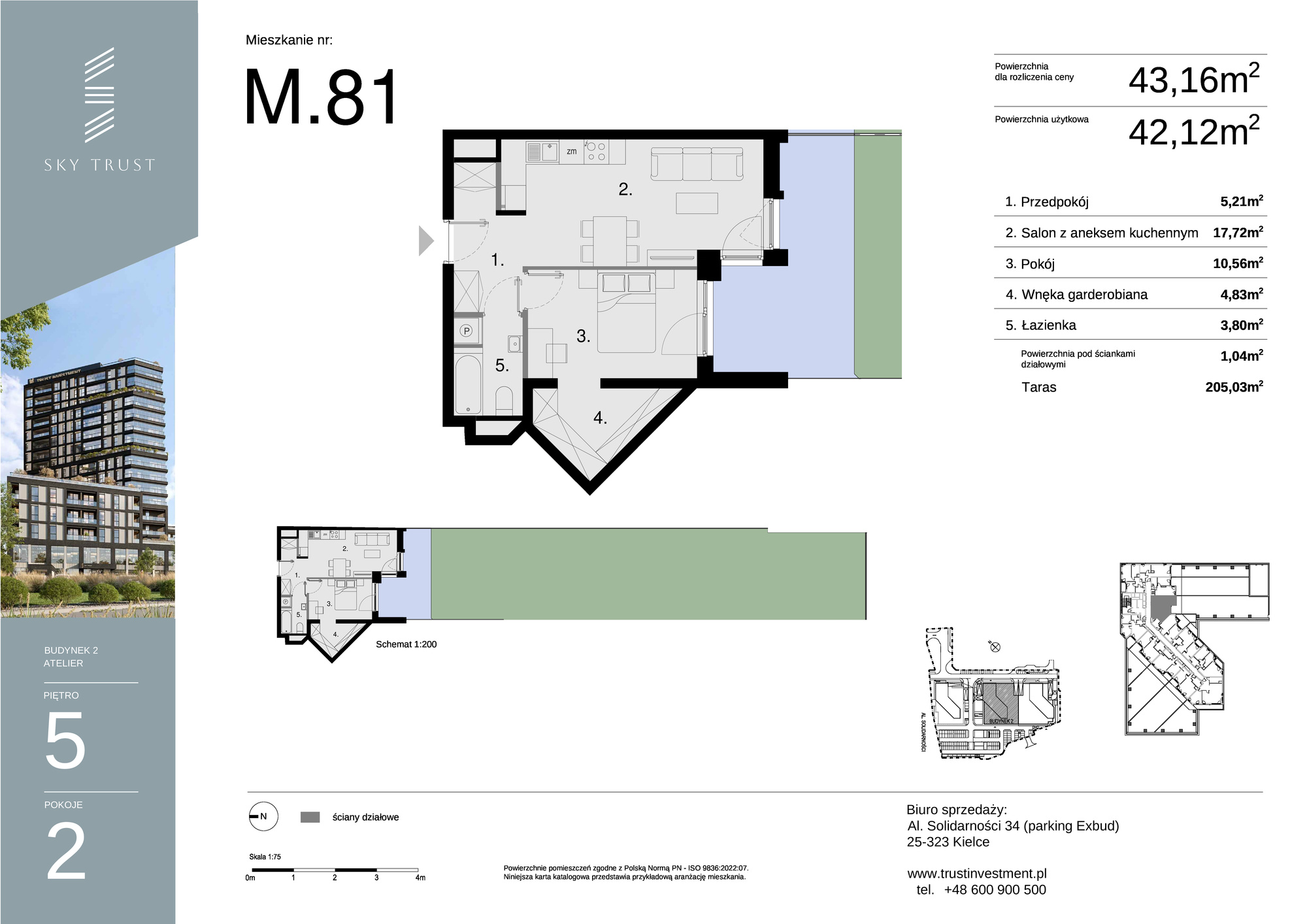 Mieszkanie 43,16 m², piętro 5, oferta nr M81, Sky Trust II , Kielce, Bocianek, al. Solidarności / ul. Świętokrzyska-idx