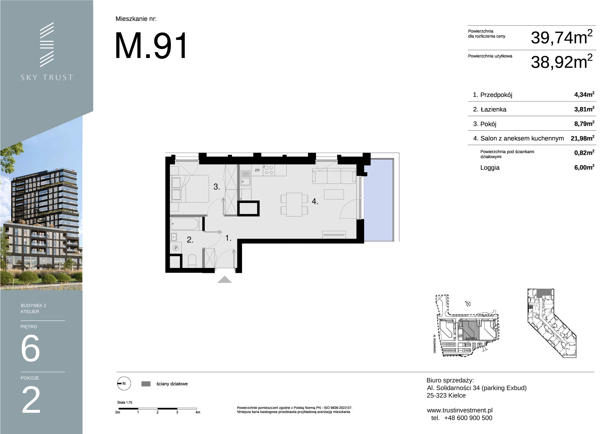 Mieszkanie 39,74 m², piętro 6, oferta nr M91, Sky Trust II , Kielce, Bocianek, al. Solidarności / ul. Świętokrzyska-idx