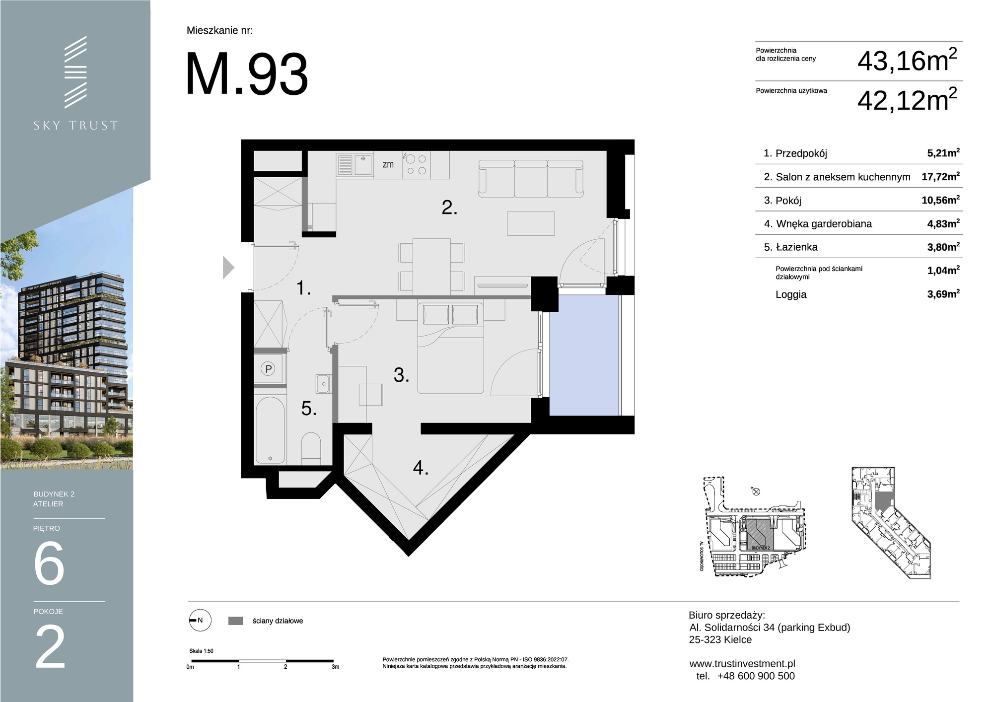 Mieszkanie 43,16 m², piętro 6, oferta nr M93, Sky Trust II , Kielce, Bocianek, al. Solidarności / ul. Świętokrzyska-idx