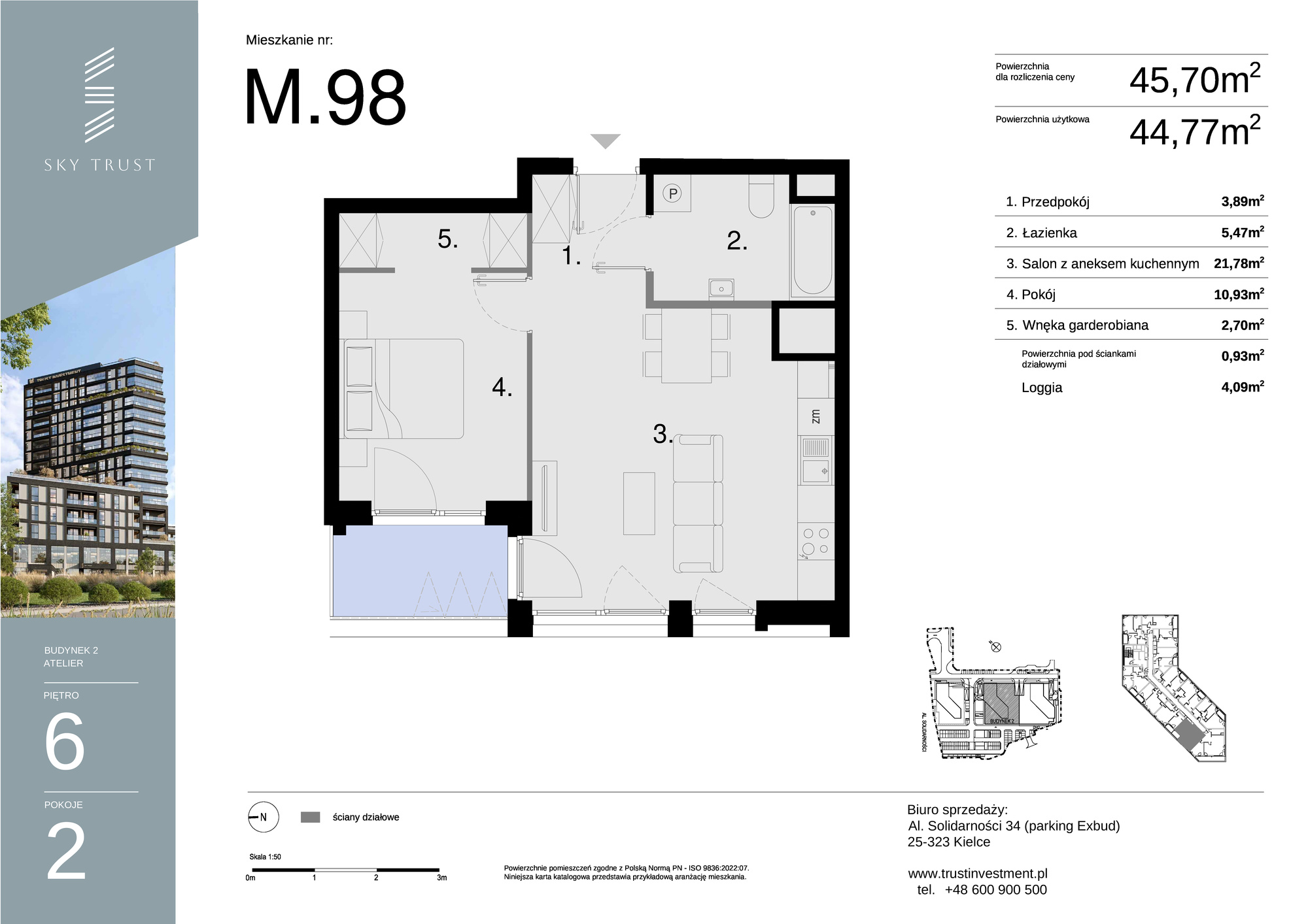 Mieszkanie 45,70 m², piętro 6, oferta nr M98, Sky Trust II , Kielce, Bocianek, al. Solidarności / ul. Świętokrzyska-idx