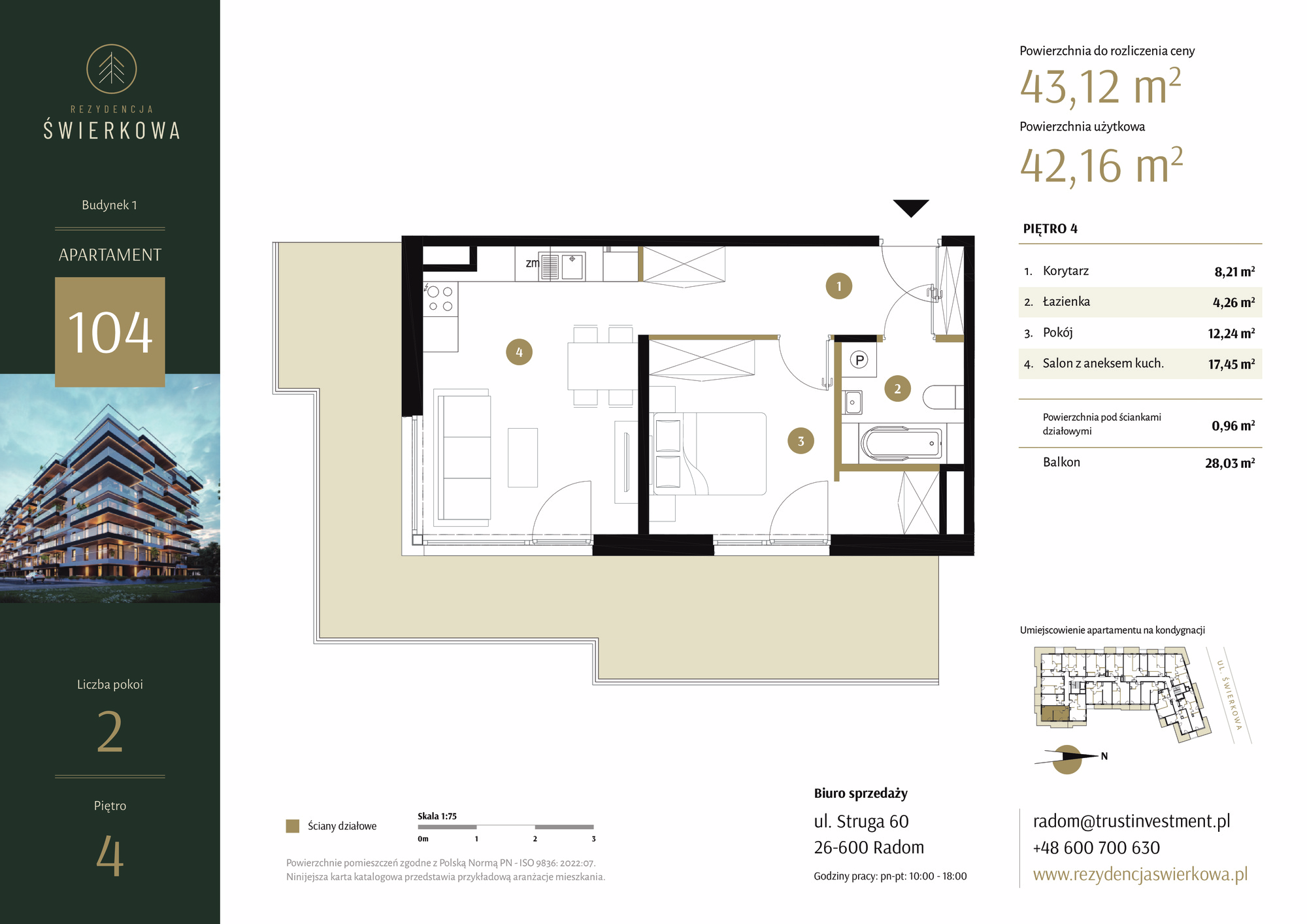 Mieszkanie 43,12 m², piętro 4, oferta nr 104, Rezydencja Świerkowa, Radom, Idalin, ul. Świerkowa 47-idx