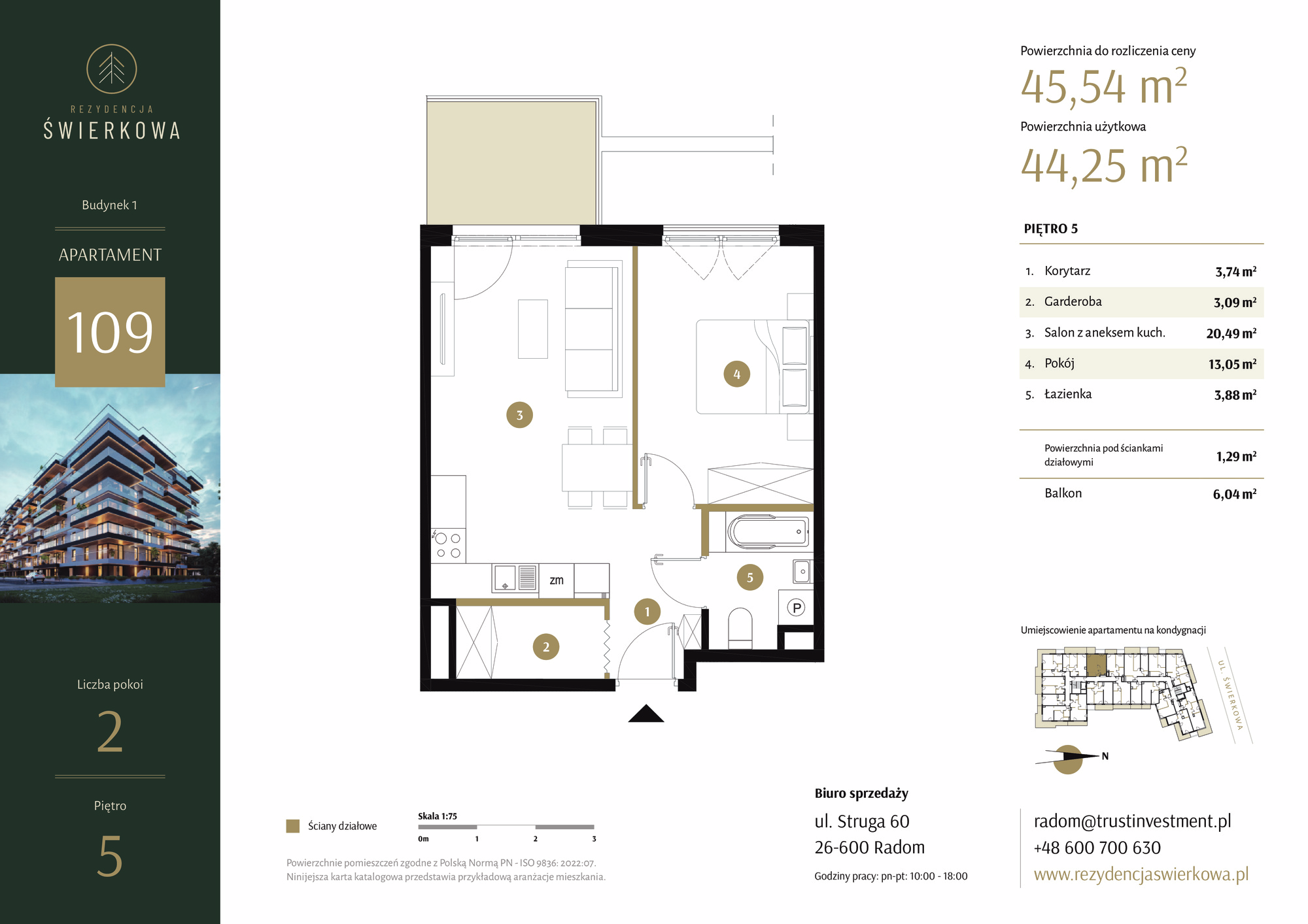 Mieszkanie 45,54 m², piętro 5, oferta nr 109, Rezydencja Świerkowa, Radom, Idalin, ul. Świerkowa 47-idx