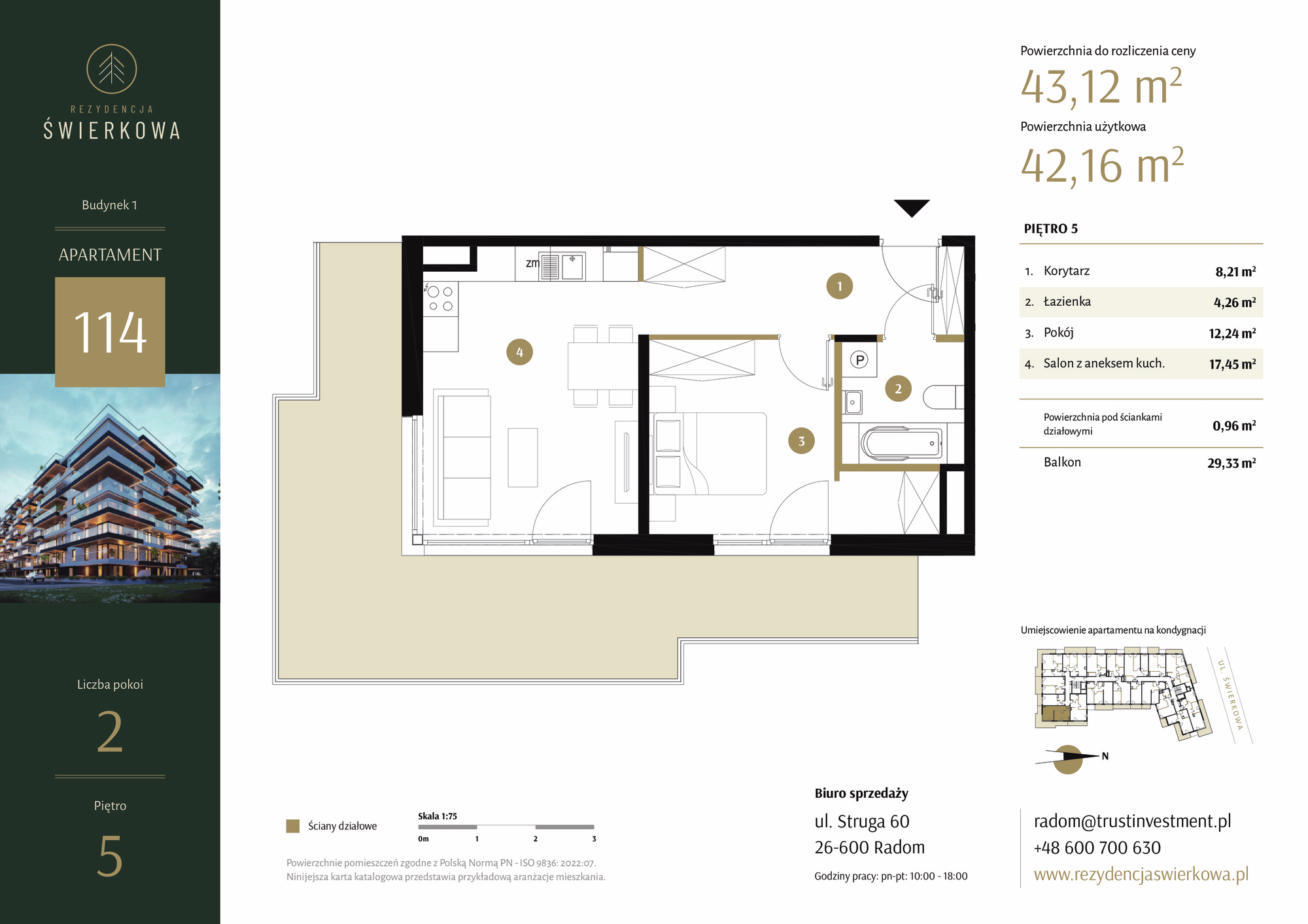 Mieszkanie 43,12 m², piętro 5, oferta nr 114, Rezydencja Świerkowa, Radom, Idalin, ul. Świerkowa 47-idx