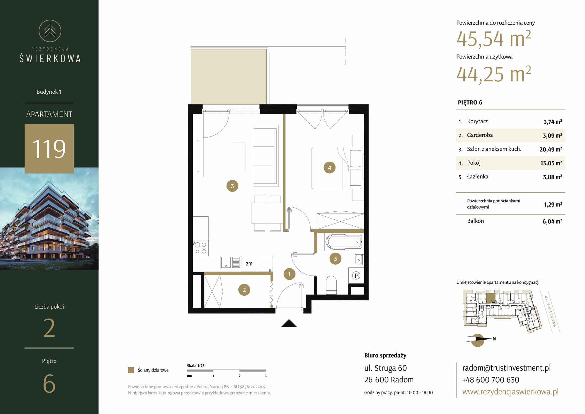 Mieszkanie 45,54 m², piętro 6, oferta nr 119, Rezydencja Świerkowa, Radom, Idalin, ul. Świerkowa 47-idx