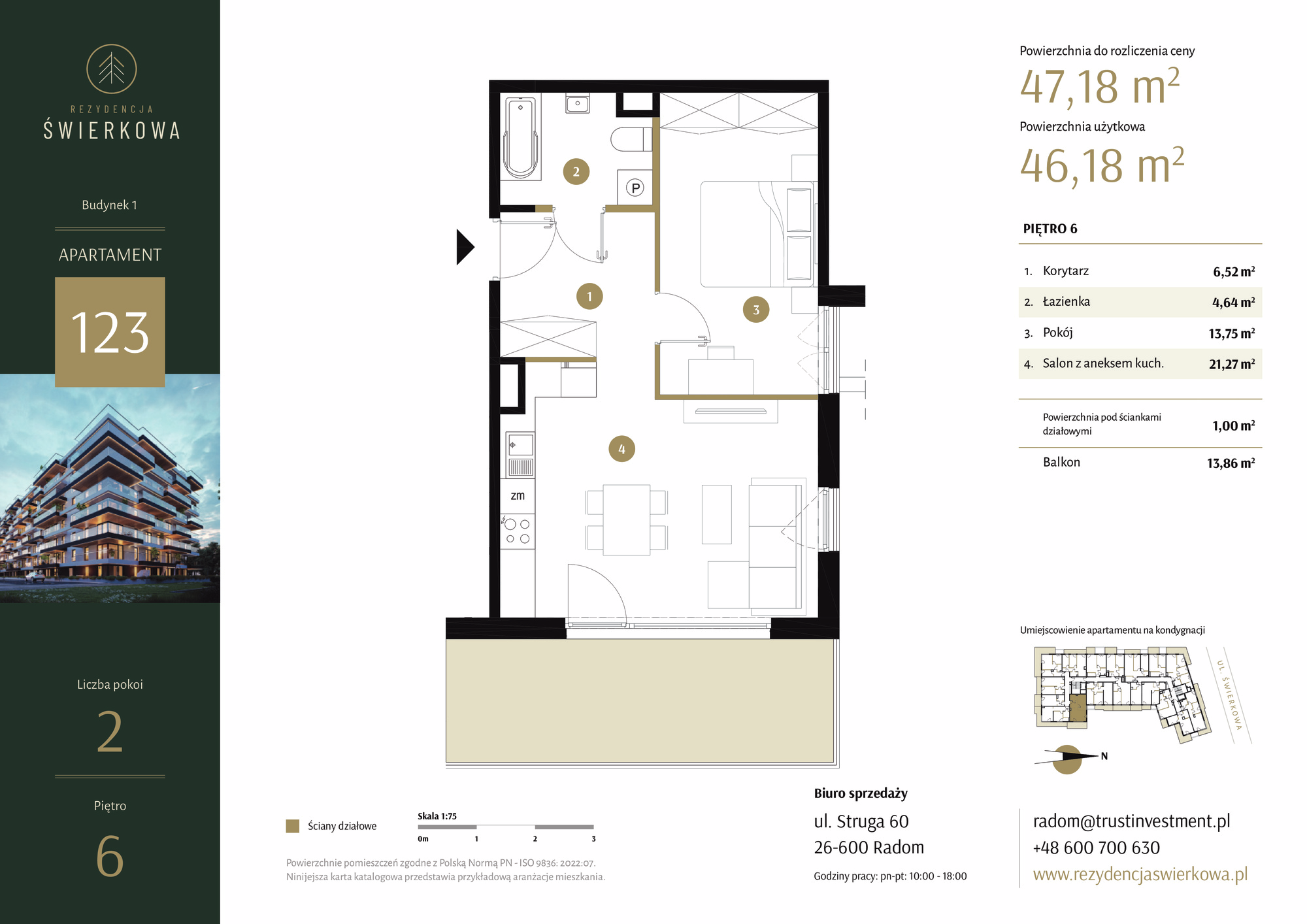 Mieszkanie 47,18 m², piętro 6, oferta nr 123, Rezydencja Świerkowa, Radom, Idalin, ul. Świerkowa 47-idx