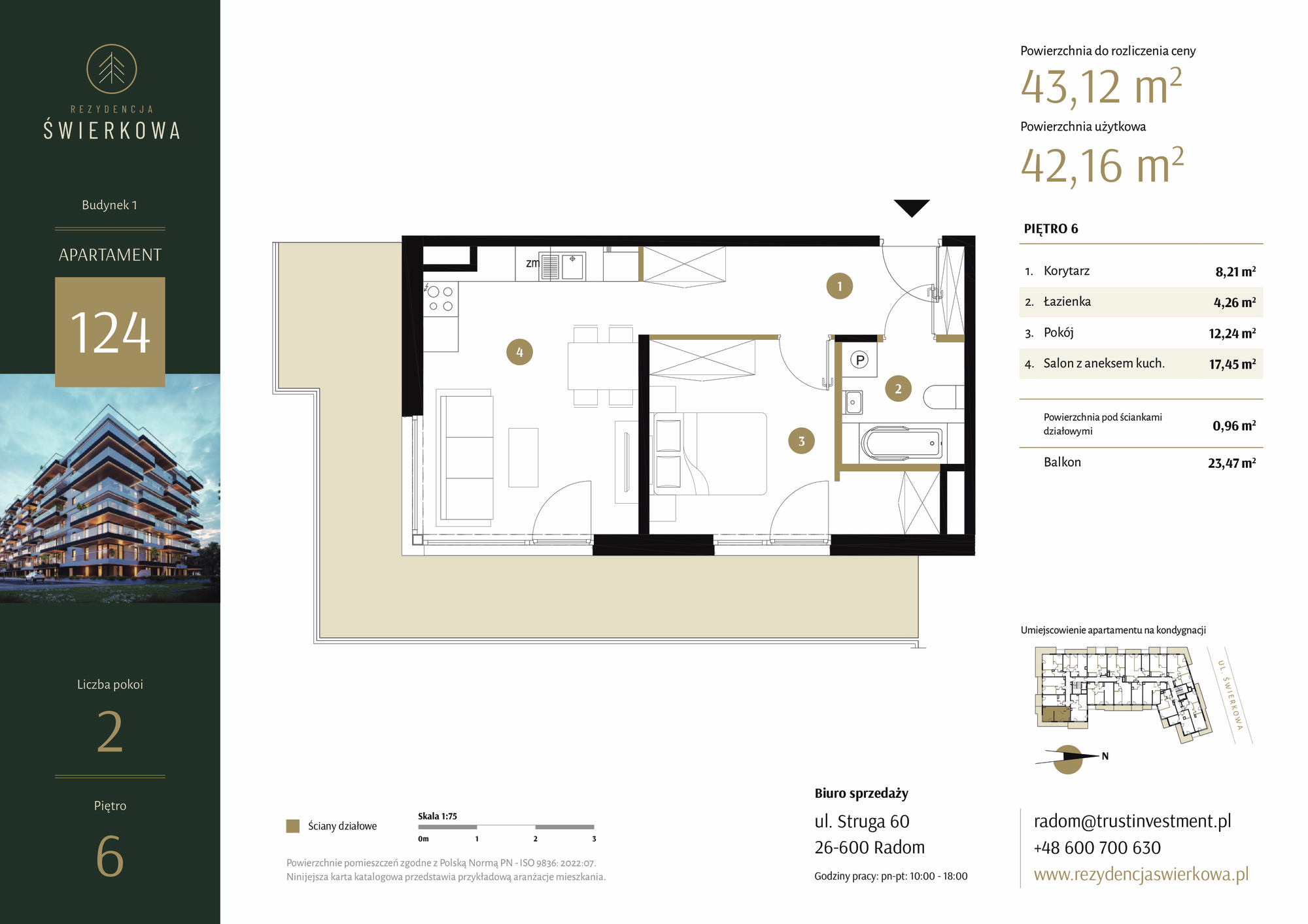 Mieszkanie 43,12 m², piętro 6, oferta nr 124, Rezydencja Świerkowa, Radom, Idalin, ul. Świerkowa 47-idx