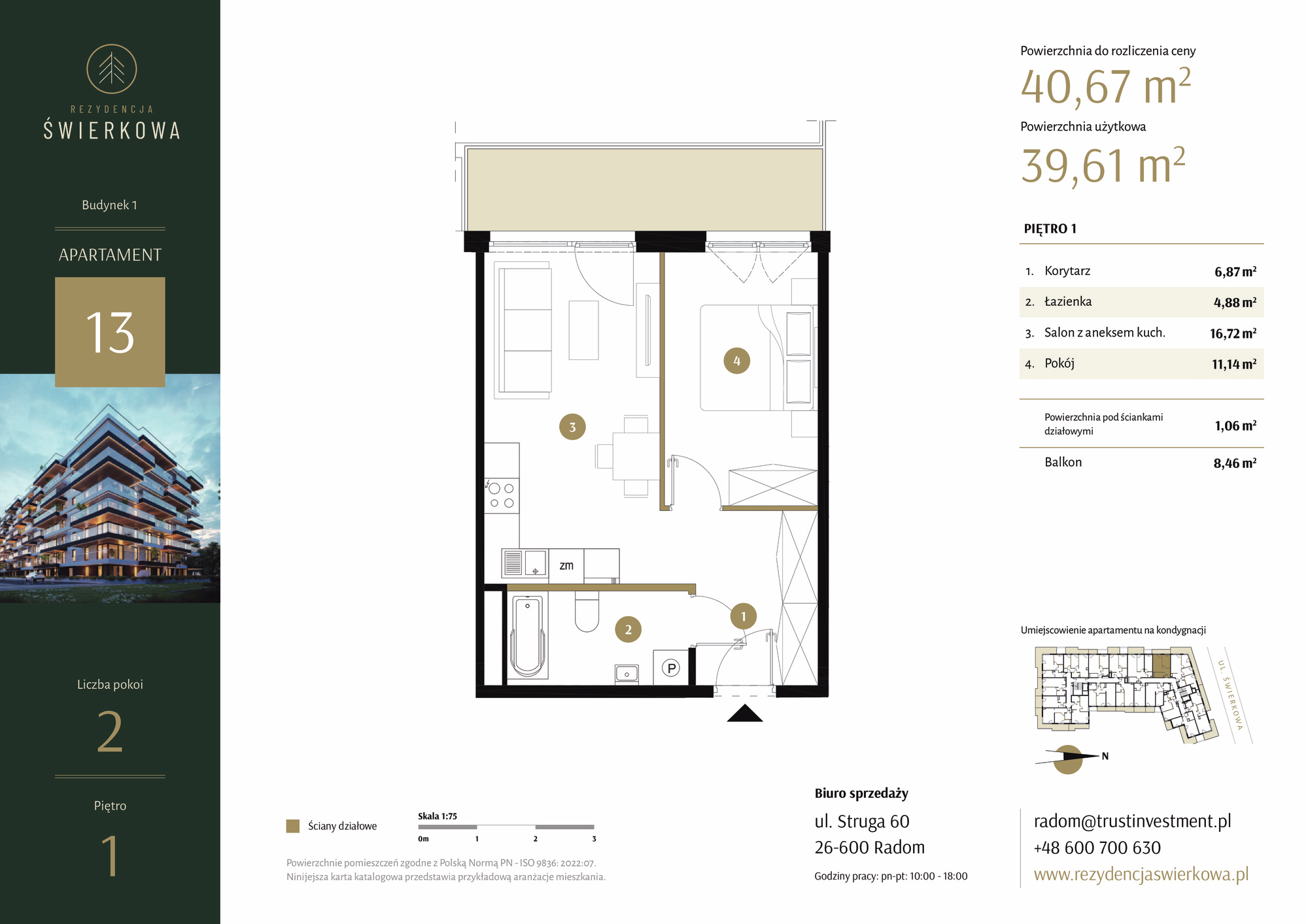 Mieszkanie 40,67 m², piętro 1, oferta nr 13, Rezydencja Świerkowa, Radom, Idalin, ul. Świerkowa 47-idx