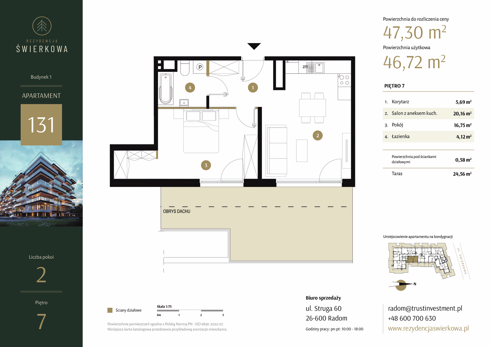 Mieszkanie 47,30 m², piętro 7, oferta nr 131, Rezydencja Świerkowa, Radom, Idalin, ul. Świerkowa 47-idx