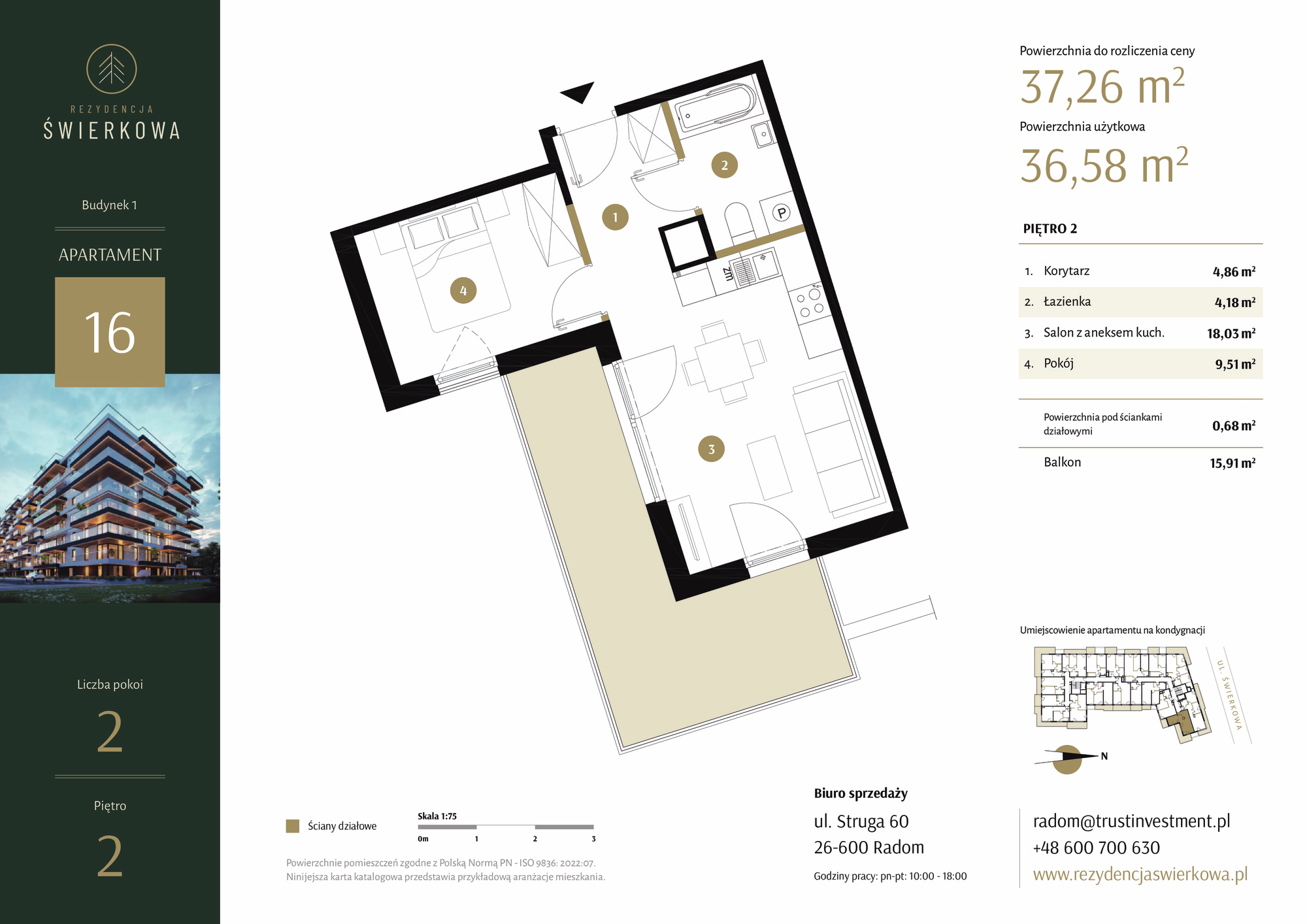 Mieszkanie 37,26 m², piętro 2, oferta nr 16, Rezydencja Świerkowa, Radom, Idalin, ul. Świerkowa 47-idx