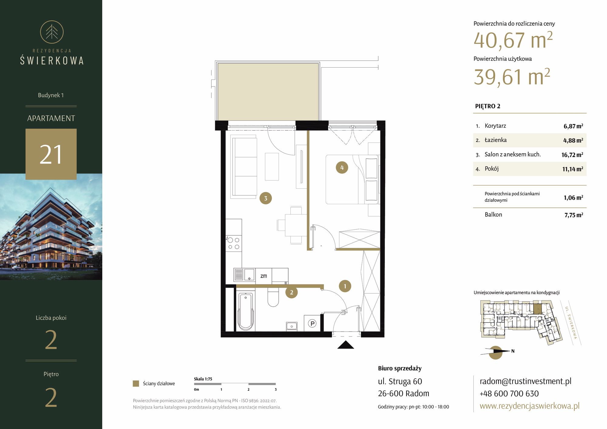 Mieszkanie 40,67 m², piętro 2, oferta nr 21, Rezydencja Świerkowa, Radom, Idalin, ul. Świerkowa 47-idx