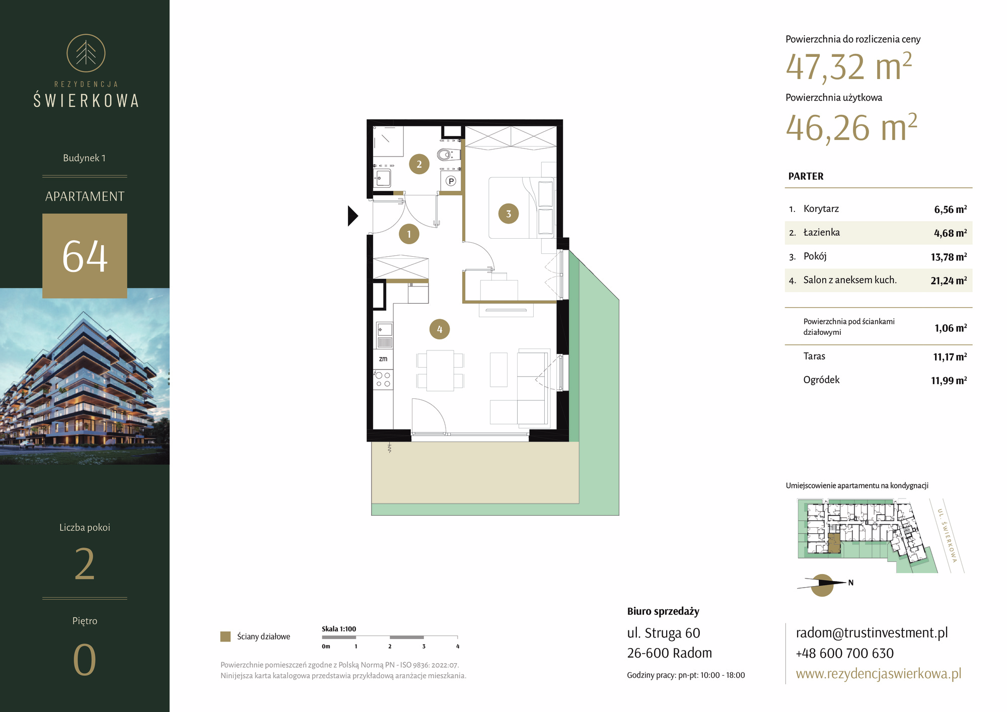 Mieszkanie 47,32 m², parter, oferta nr 64, Rezydencja Świerkowa, Radom, Idalin, ul. Świerkowa 47-idx