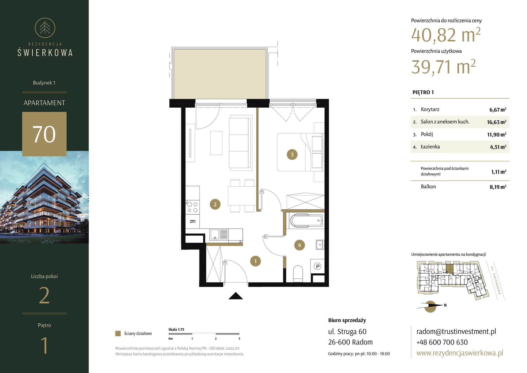 Mieszkanie 40,82 m², piętro 1, oferta nr 70, Rezydencja Świerkowa, Radom, Idalin, ul. Świerkowa 47-idx