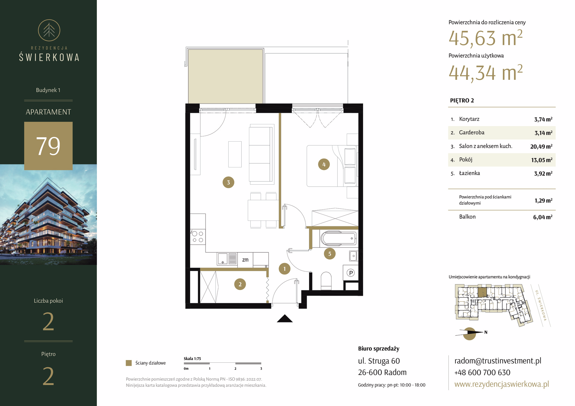 Mieszkanie 45,63 m², piętro 2, oferta nr 79, Rezydencja Świerkowa, Radom, Idalin, ul. Świerkowa 47-idx