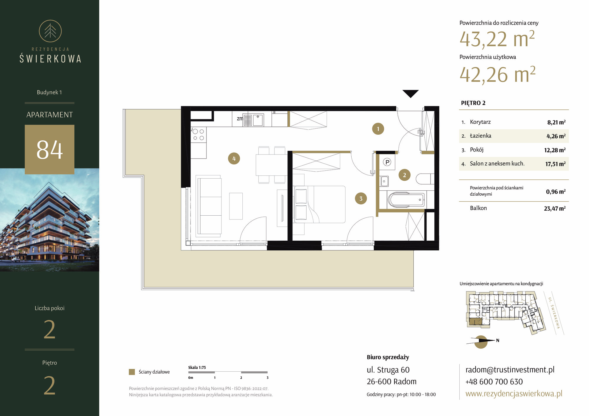 Mieszkanie 43,22 m², piętro 2, oferta nr 84, Rezydencja Świerkowa, Radom, Idalin, ul. Świerkowa 47-idx