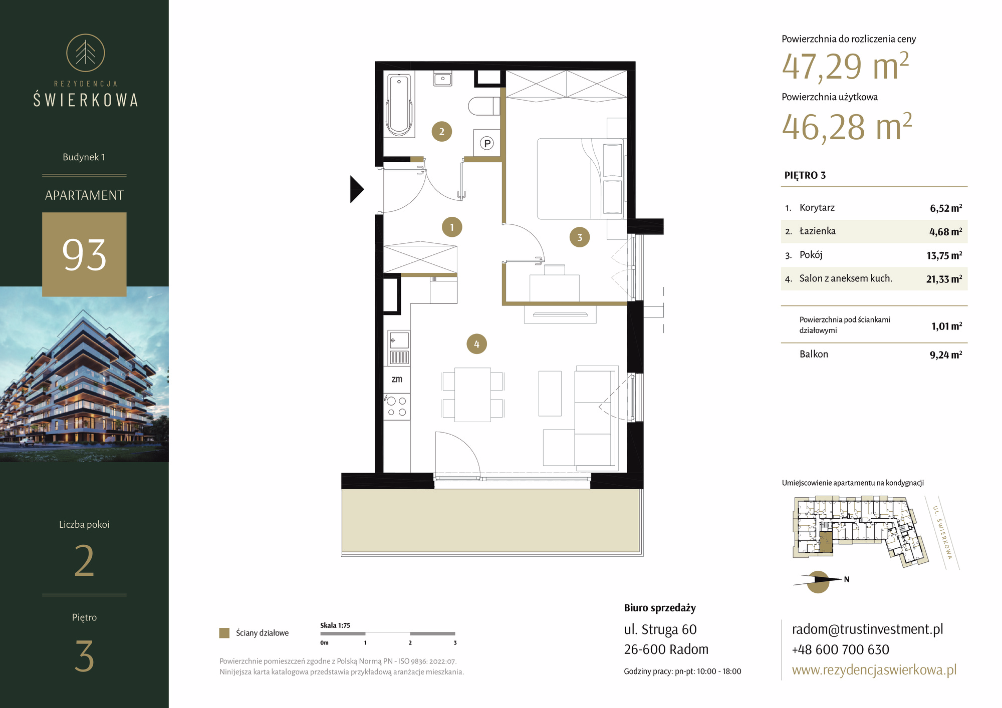 Mieszkanie 47,29 m², piętro 3, oferta nr 93, Rezydencja Świerkowa, Radom, Idalin, ul. Świerkowa 47-idx