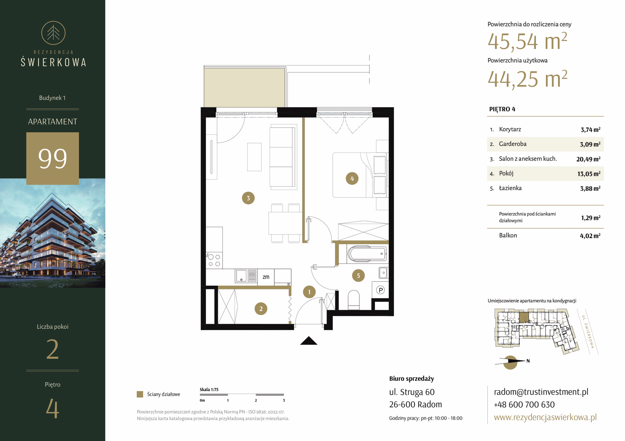 Mieszkanie 45,54 m², piętro 4, oferta nr 99, Rezydencja Świerkowa, Radom, Idalin, ul. Świerkowa 47-idx