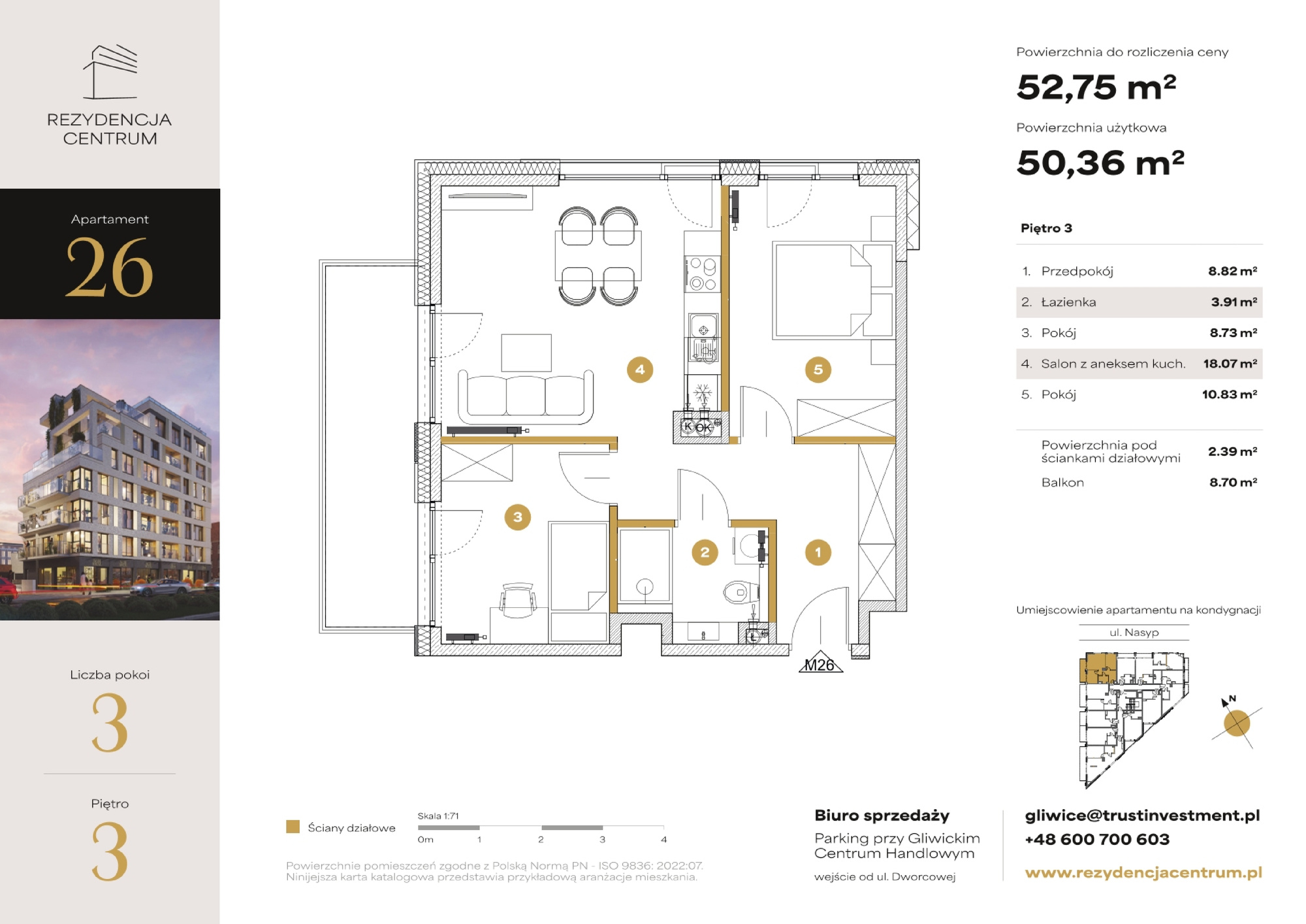 Mieszkanie 52,75 m², piętro 3, oferta nr M26, Rezydencja Centrum, Gliwice, Śródmieście, ul. Nasyp 2C-idx