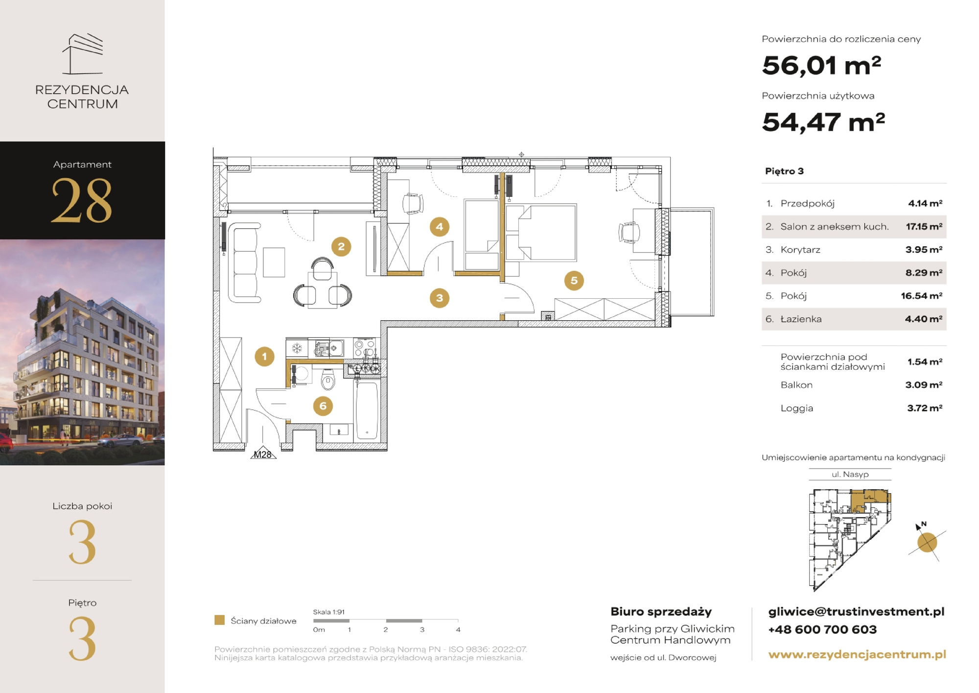 Mieszkanie 56,01 m², piętro 3, oferta nr M28, Rezydencja Centrum, Gliwice, Śródmieście, ul. Nasyp 2C-idx