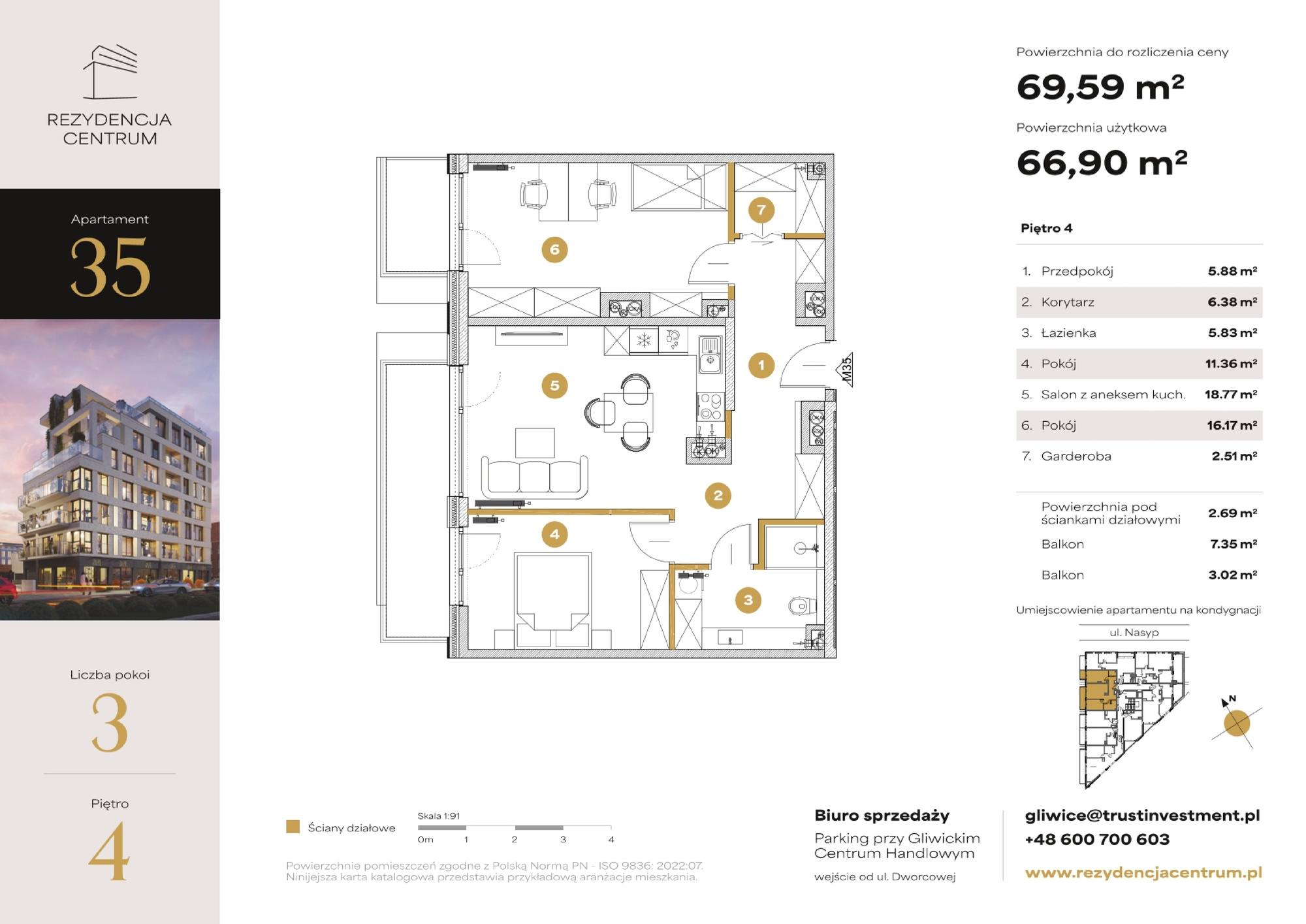 Mieszkanie 69,59 m², piętro 4, oferta nr M35, Rezydencja Centrum, Gliwice, Śródmieście, ul. Nasyp 2C-idx