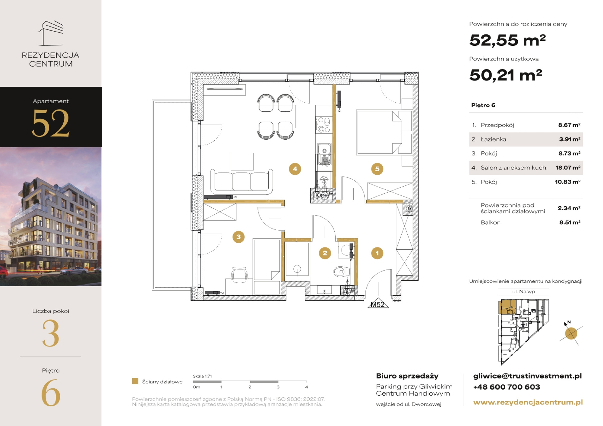 Mieszkanie 52,55 m², piętro 6, oferta nr M52, Rezydencja Centrum, Gliwice, Śródmieście, ul. Nasyp 2C-idx