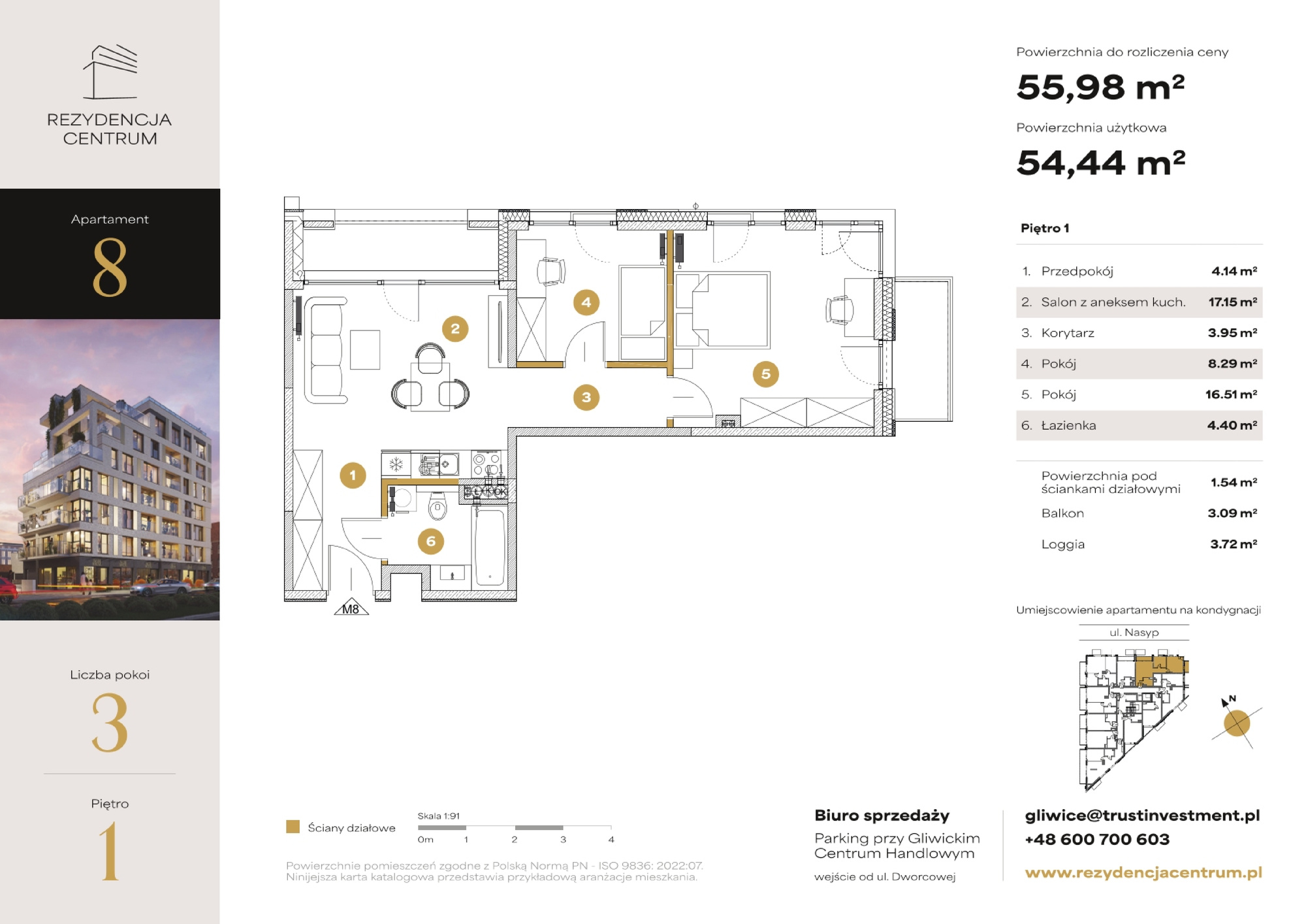 Mieszkanie 55,98 m², piętro 1, oferta nr M8, Rezydencja Centrum, Gliwice, Śródmieście, ul. Nasyp 2C-idx