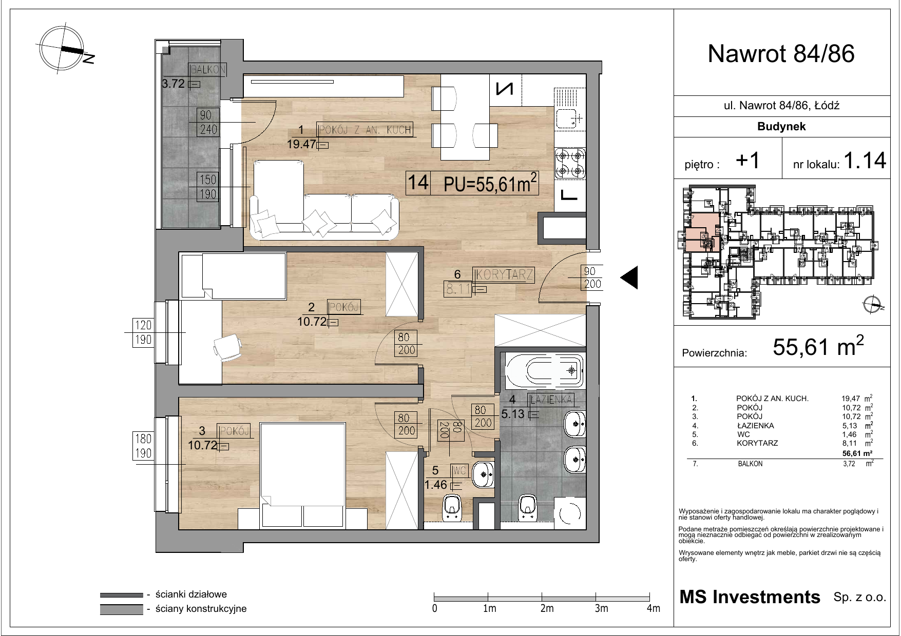 Mieszkanie 55,61 m², piętro 1, oferta nr M_1.14, Nawrot 86, Łódź, Widzew, Widzew, ul. Nawrot 86-idx