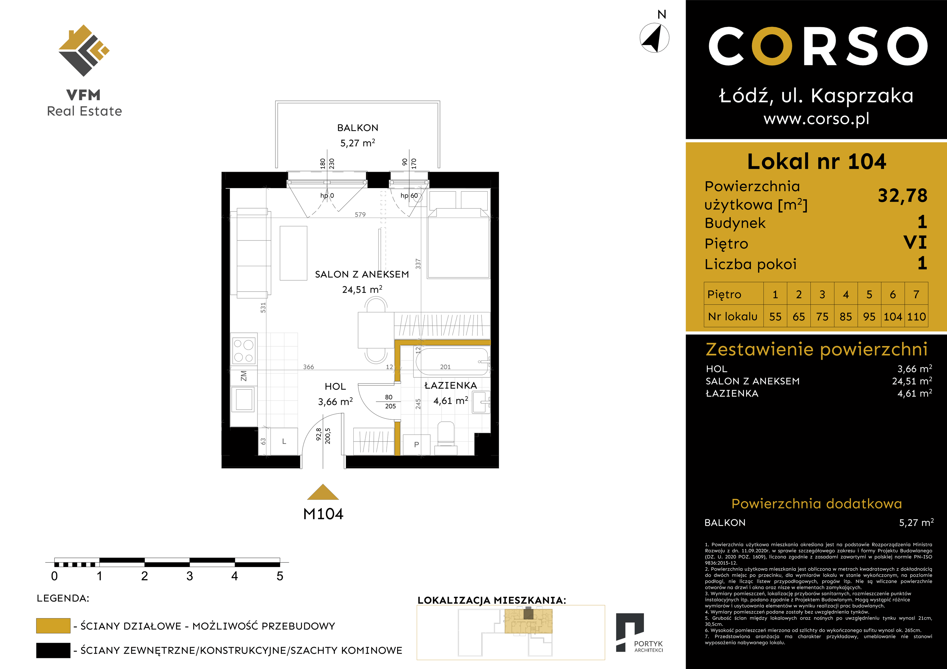 Mieszkanie 32,78 m², piętro 6, oferta nr 104, CORSO - etap I, Łódź, Polesie, Stare Polesie, ul. Kasprzaka 5-idx