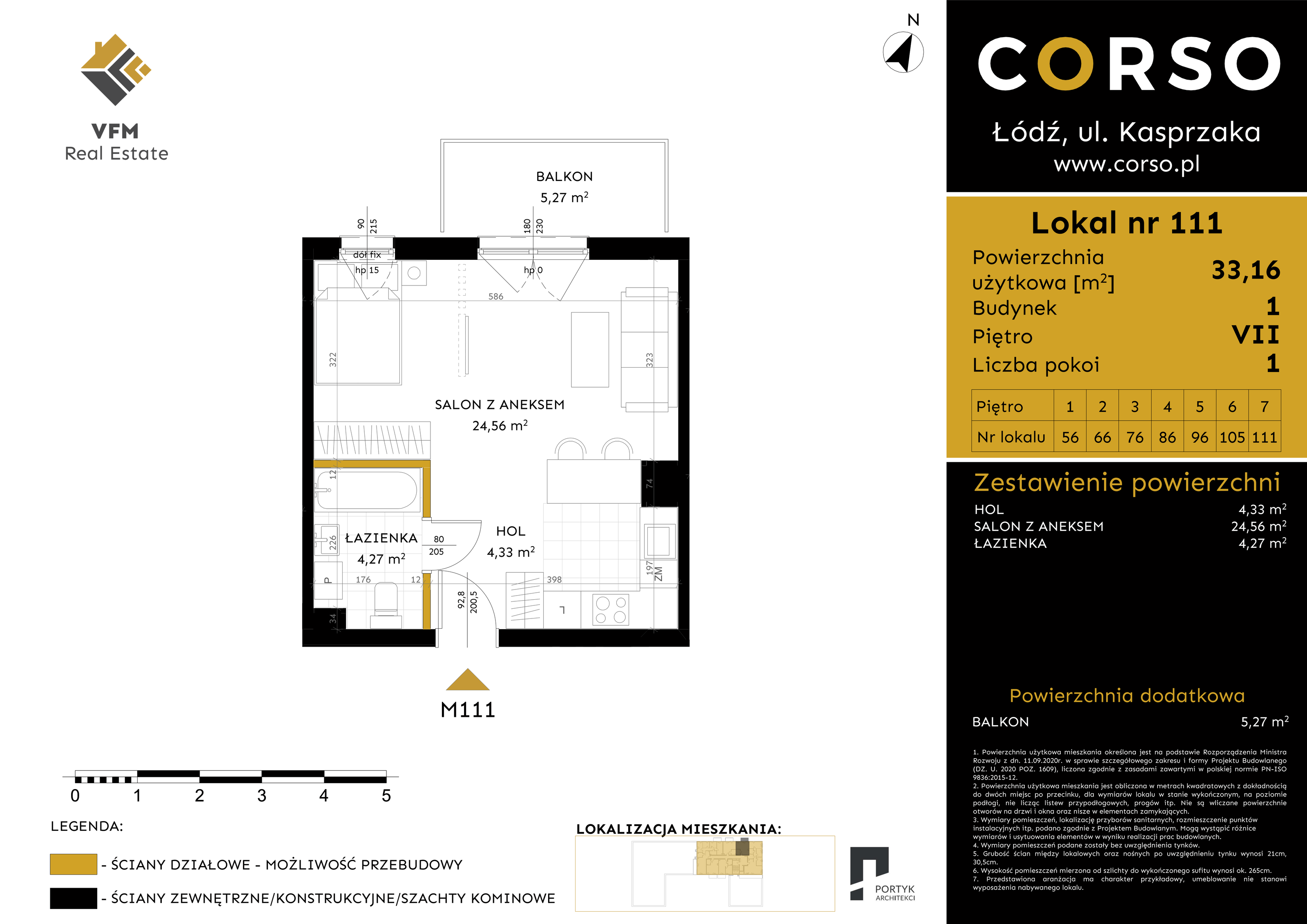 Mieszkanie 33,16 m², piętro 7, oferta nr 111, CORSO - etap I, Łódź, Polesie, Stare Polesie, ul. Kasprzaka 5-idx