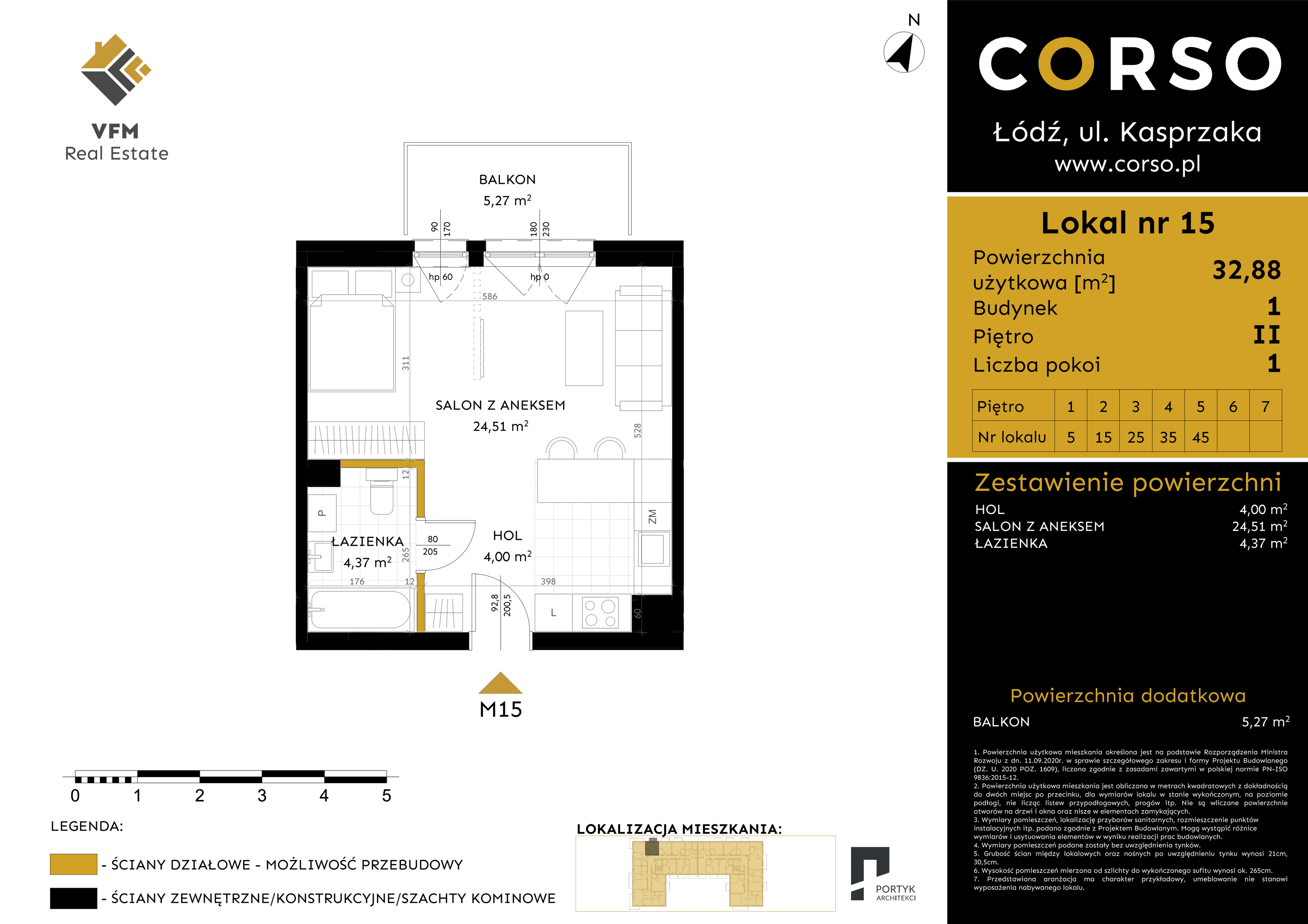 Mieszkanie 32,88 m², piętro 2, oferta nr 15, CORSO - etap I, Łódź, Polesie, Stare Polesie, ul. Kasprzaka 5-idx