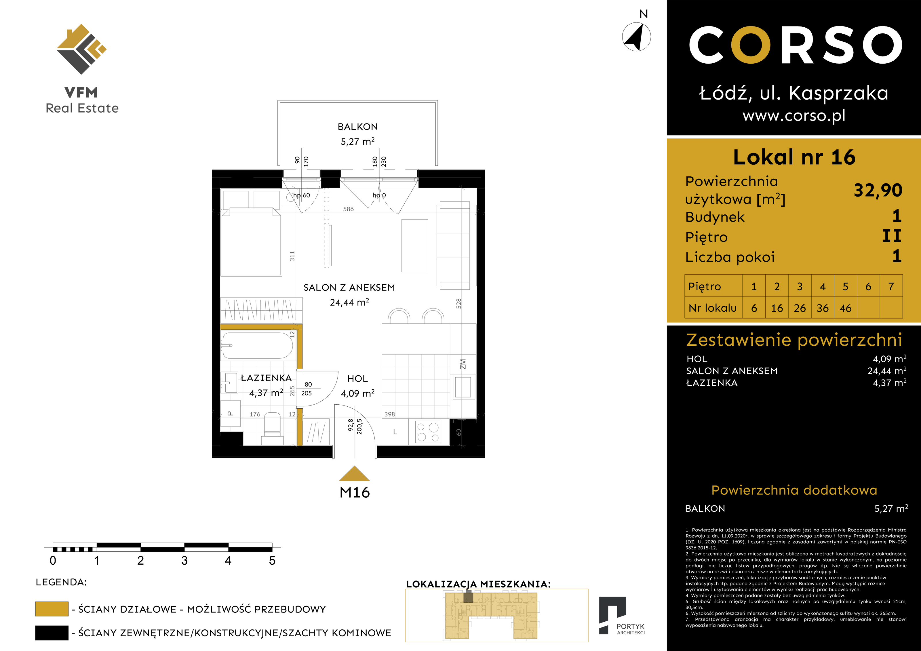 Mieszkanie 32,90 m², piętro 2, oferta nr 16, CORSO - etap I, Łódź, Polesie, Stare Polesie, ul. Kasprzaka 5-idx