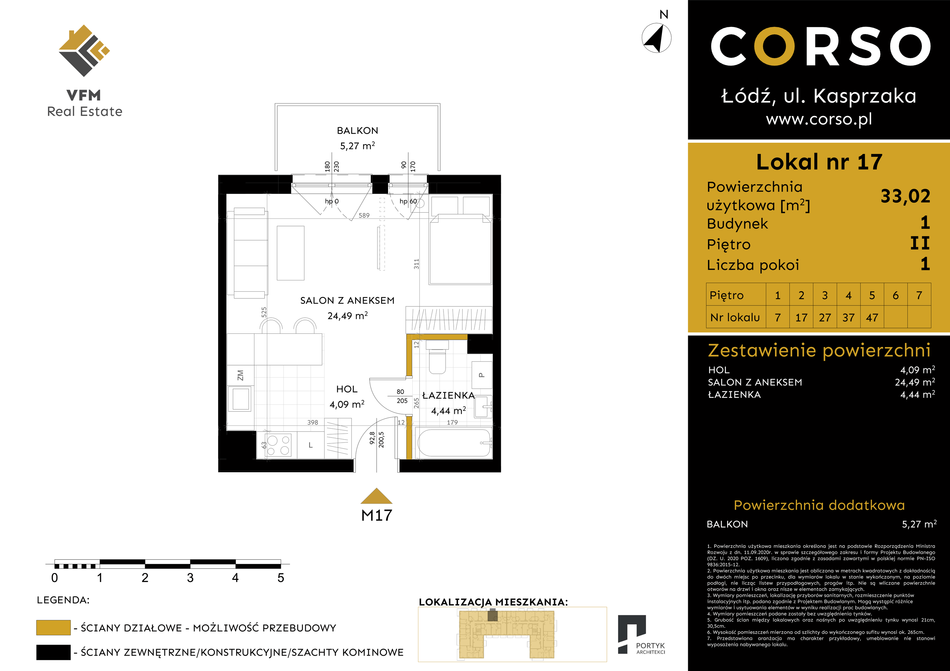 Mieszkanie 33,02 m², piętro 2, oferta nr 17, CORSO - etap I, Łódź, Polesie, Stare Polesie, ul. Kasprzaka 5-idx