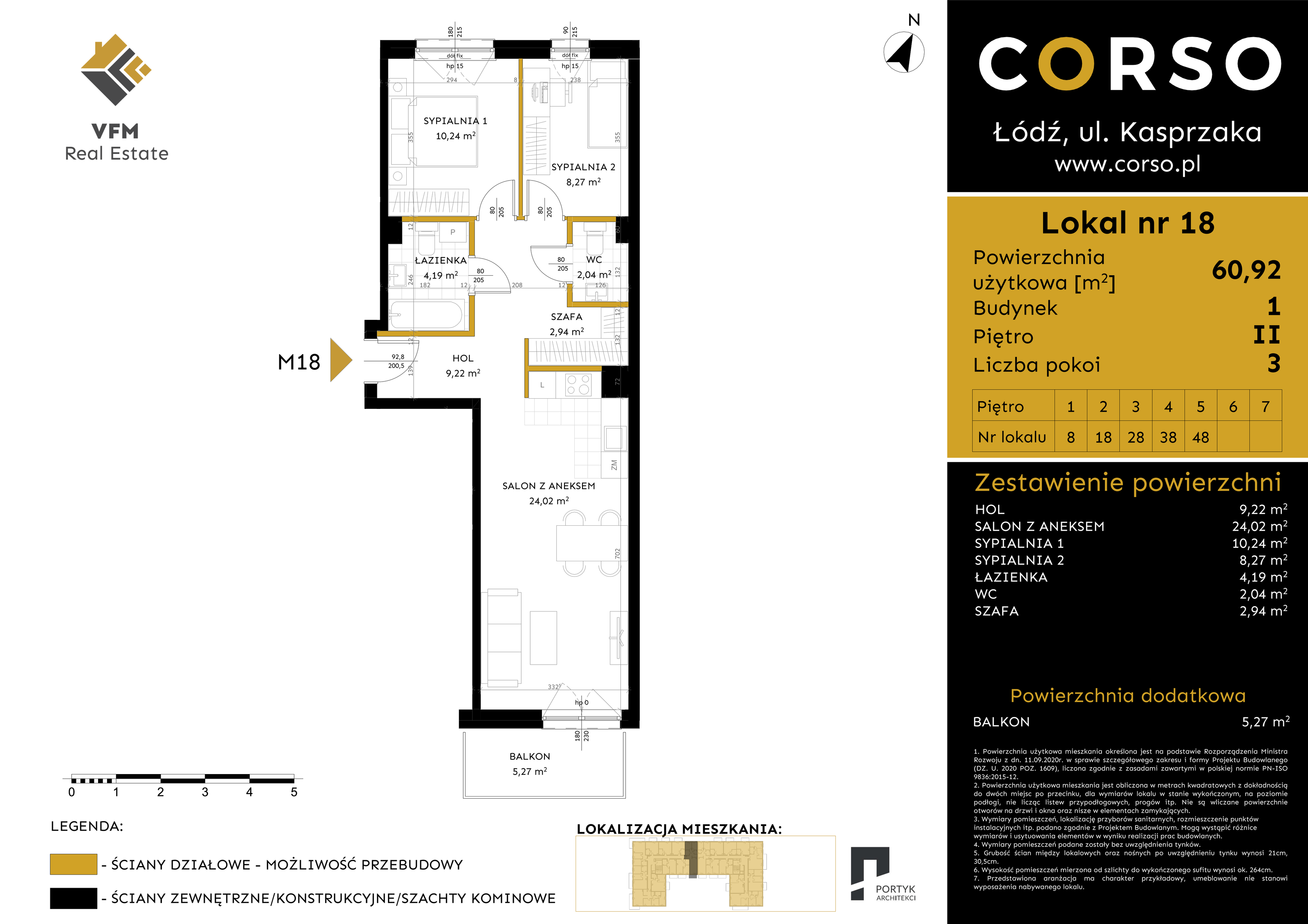 Mieszkanie 60,92 m², piętro 2, oferta nr 18, CORSO - etap I, Łódź, Polesie, Stare Polesie, ul. Kasprzaka 5-idx