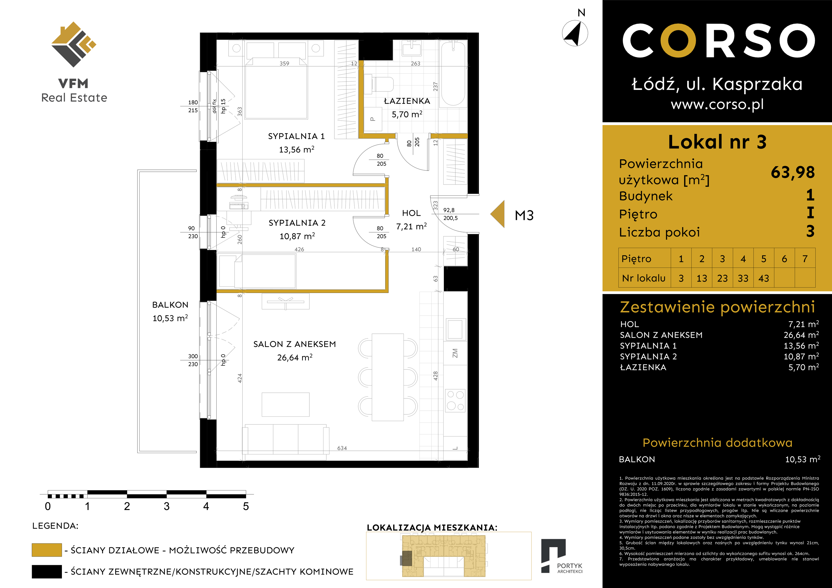 Mieszkanie 63,98 m², piętro 1, oferta nr 3, CORSO - etap I, Łódź, Polesie, Stare Polesie, ul. Kasprzaka 5-idx