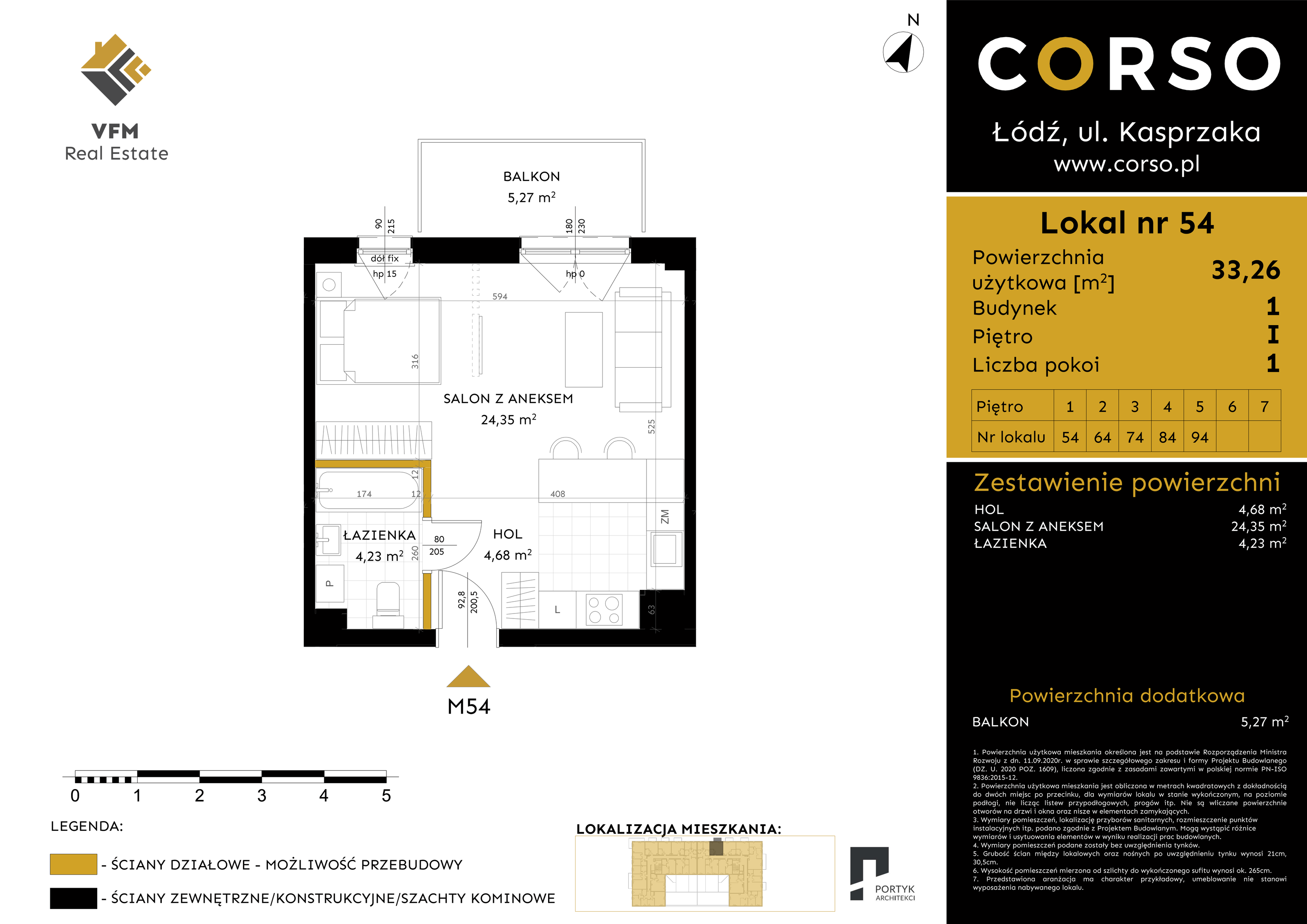 Mieszkanie 33,26 m², piętro 1, oferta nr 54, CORSO - etap I, Łódź, Polesie, Stare Polesie, ul. Kasprzaka 5-idx