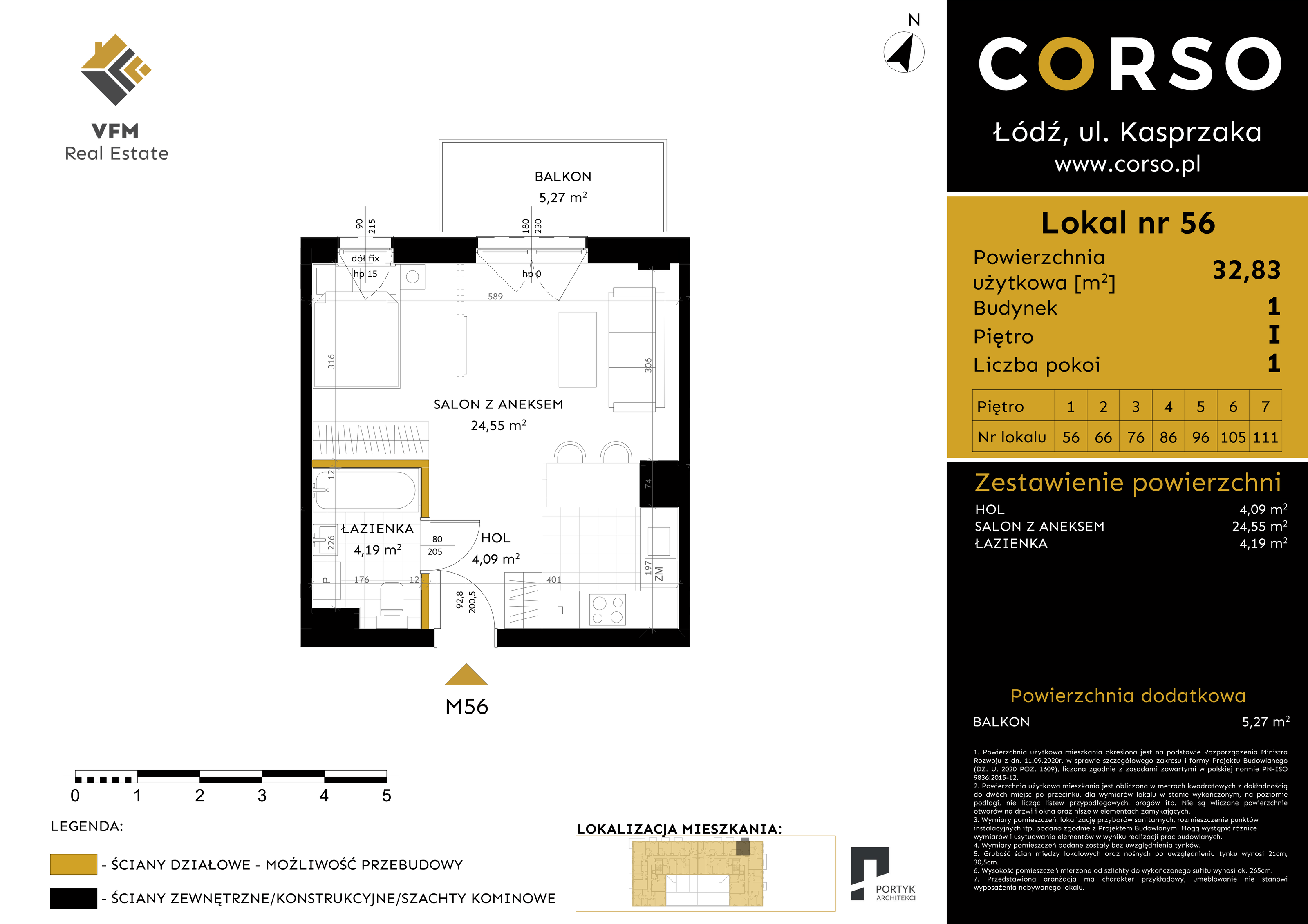 Mieszkanie 32,83 m², piętro 1, oferta nr 56, CORSO - etap I, Łódź, Polesie, Stare Polesie, ul. Kasprzaka 5-idx