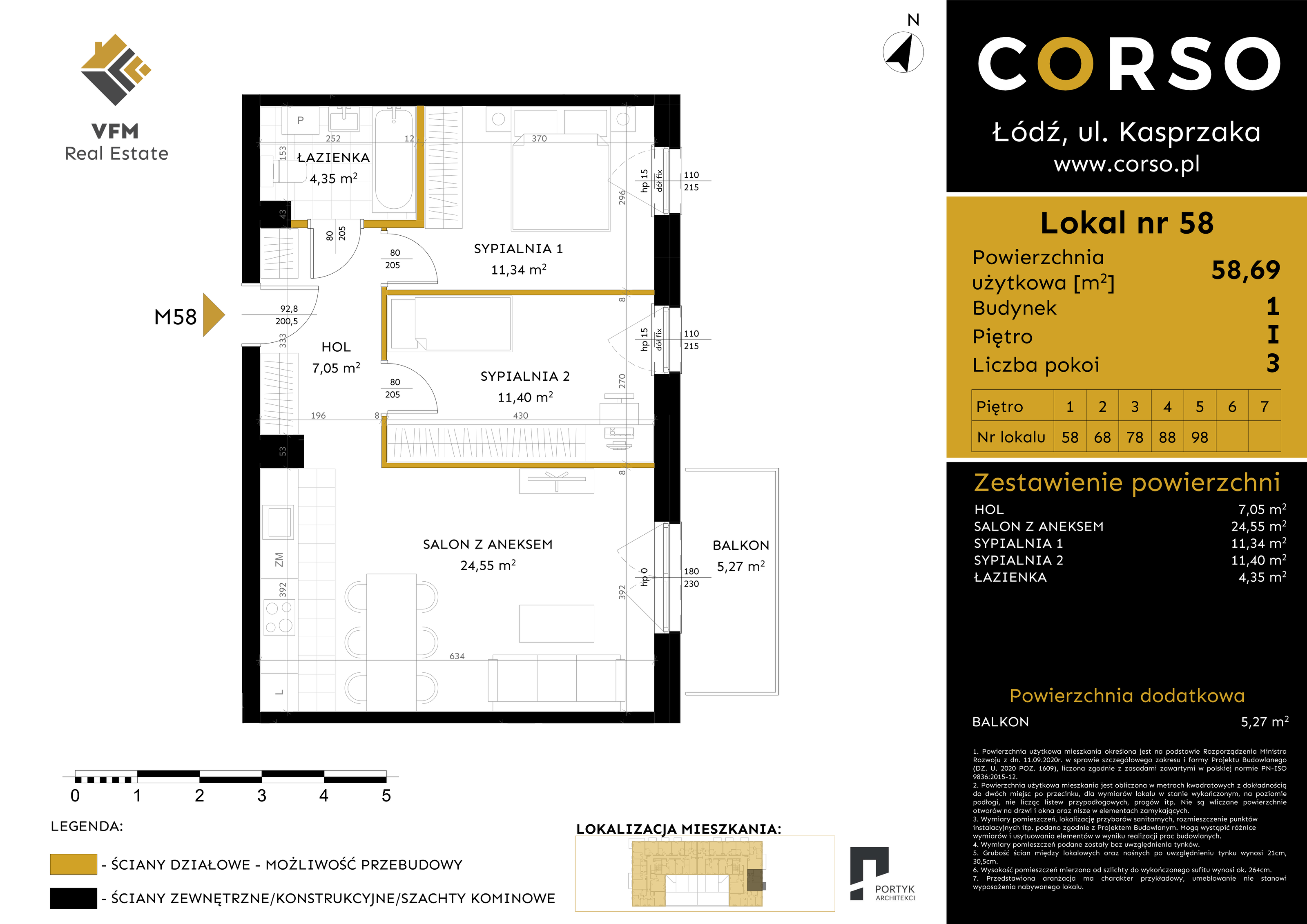 Mieszkanie 58,69 m², piętro 1, oferta nr 58, CORSO - etap I, Łódź, Polesie, Stare Polesie, ul. Kasprzaka 5-idx