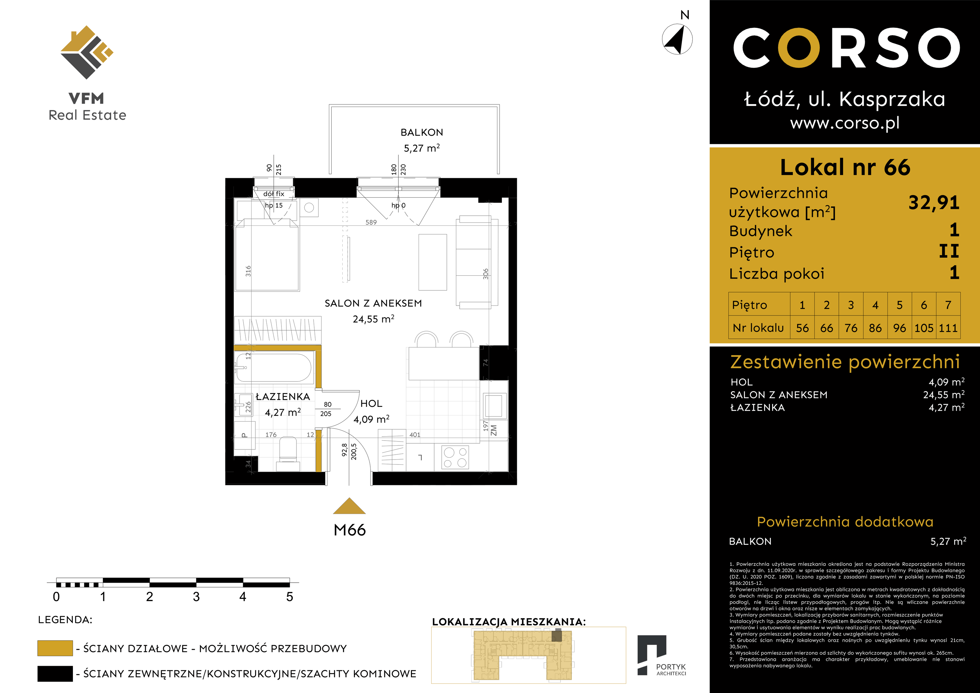 Mieszkanie 32,91 m², piętro 2, oferta nr 66, CORSO - etap I, Łódź, Polesie, Stare Polesie, ul. Kasprzaka 5-idx