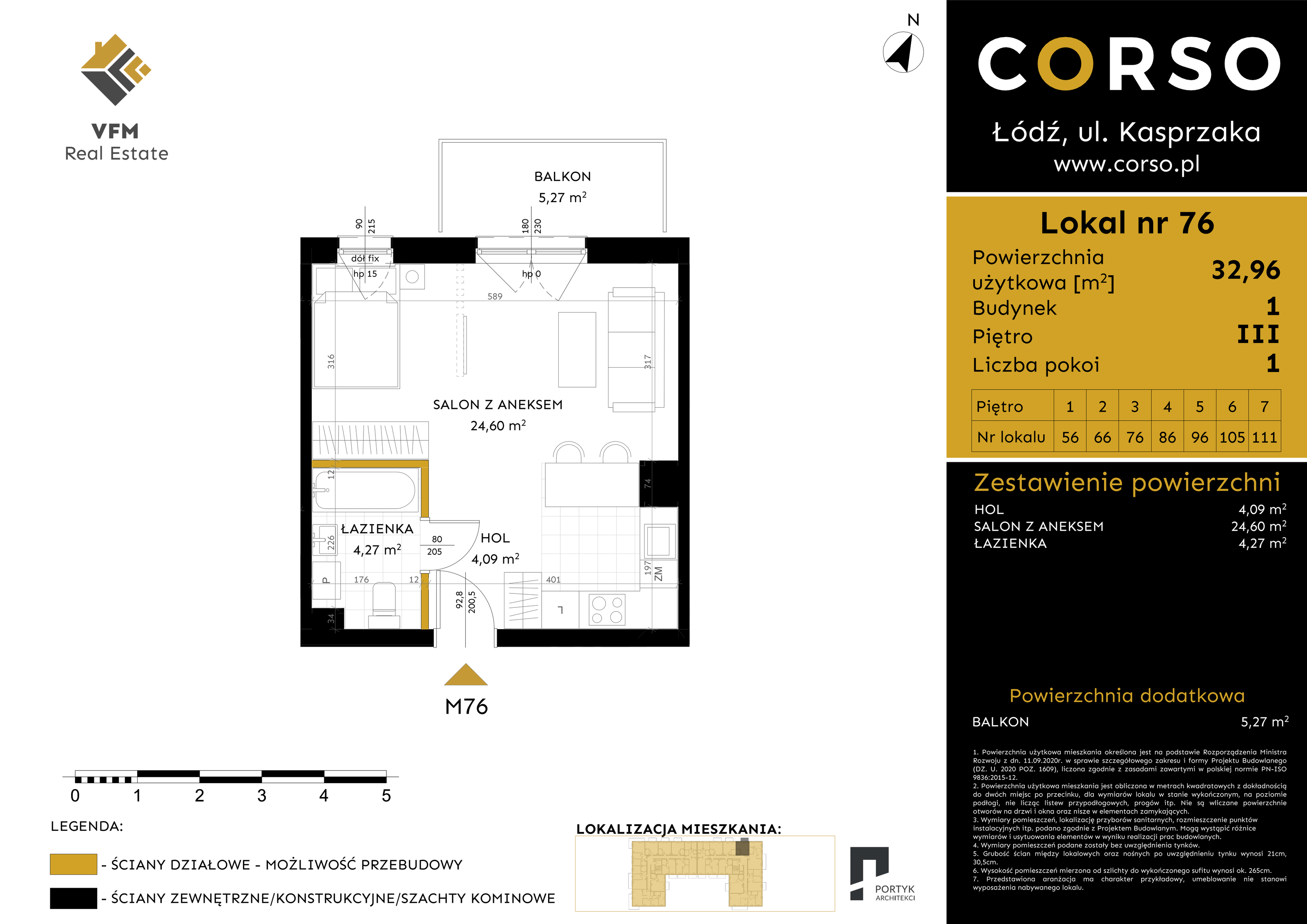 Mieszkanie 32,96 m², piętro 3, oferta nr 76, CORSO - etap I, Łódź, Polesie, Stare Polesie, ul. Kasprzaka 5-idx