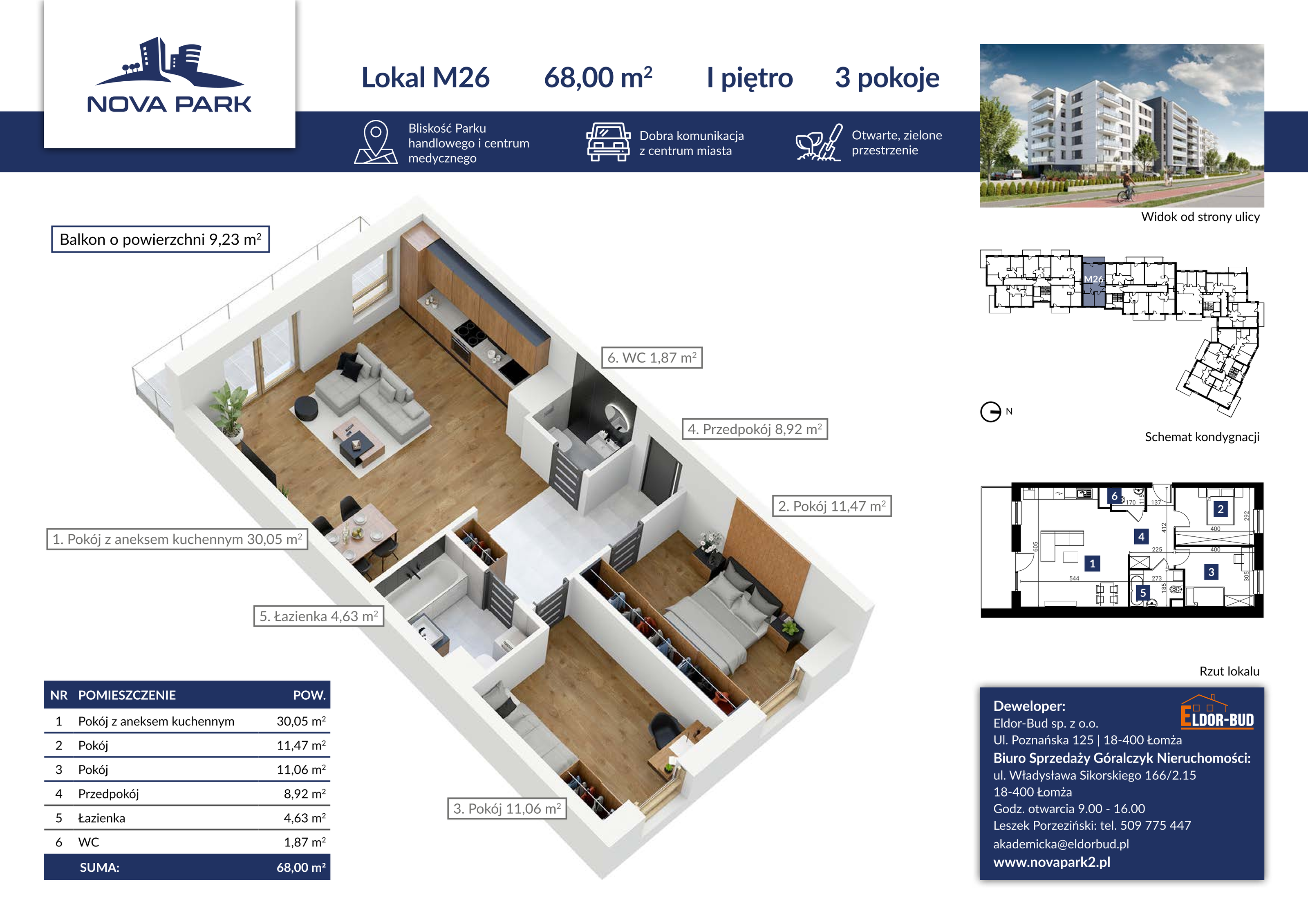 Mieszkanie 66,93 m², piętro 1, oferta nr 26, Nova Park II, Łomża, Południe, ul. Akademicka-idx