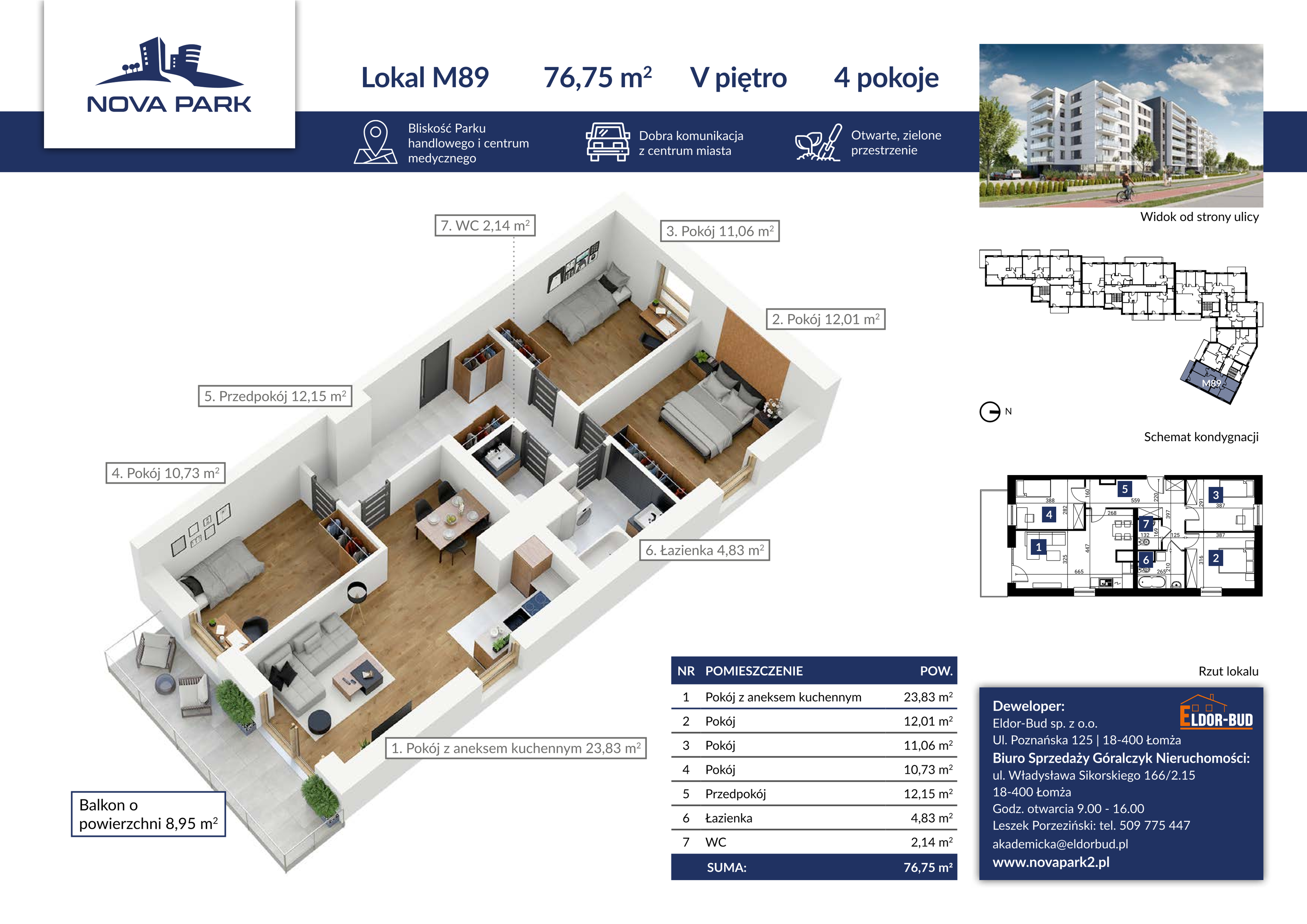 Mieszkanie 76,75 m², piętro 5, oferta nr 89, Nova Park II, Łomża, Południe, ul. Akademicka-idx