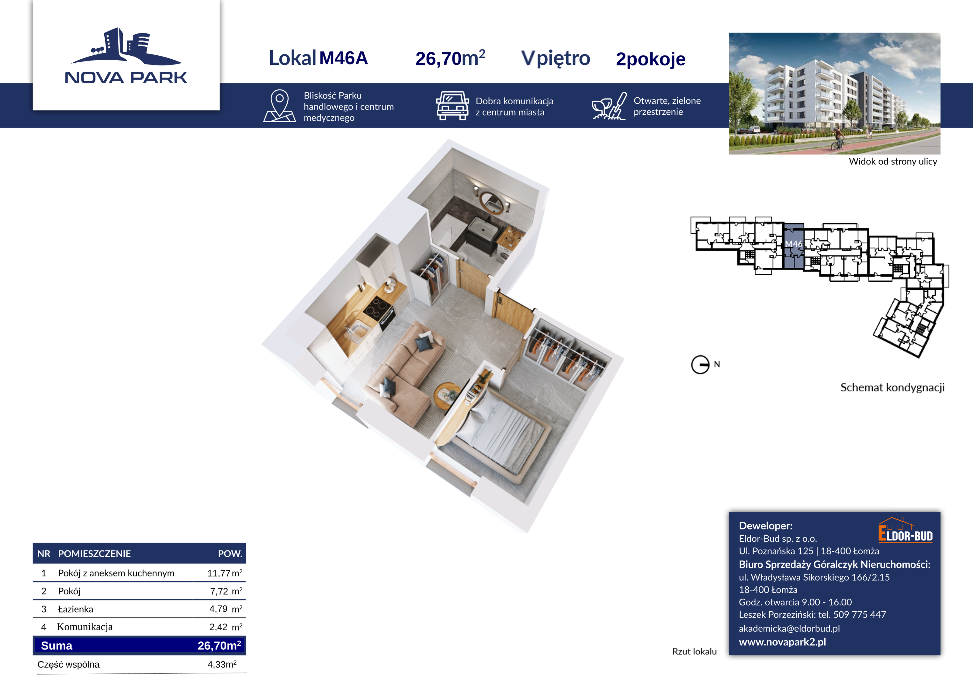 Mieszkanie 26,70 m², piętro 5, oferta nr 46A, Nova Park II, Łomża, Południe, ul. Akademicka-idx