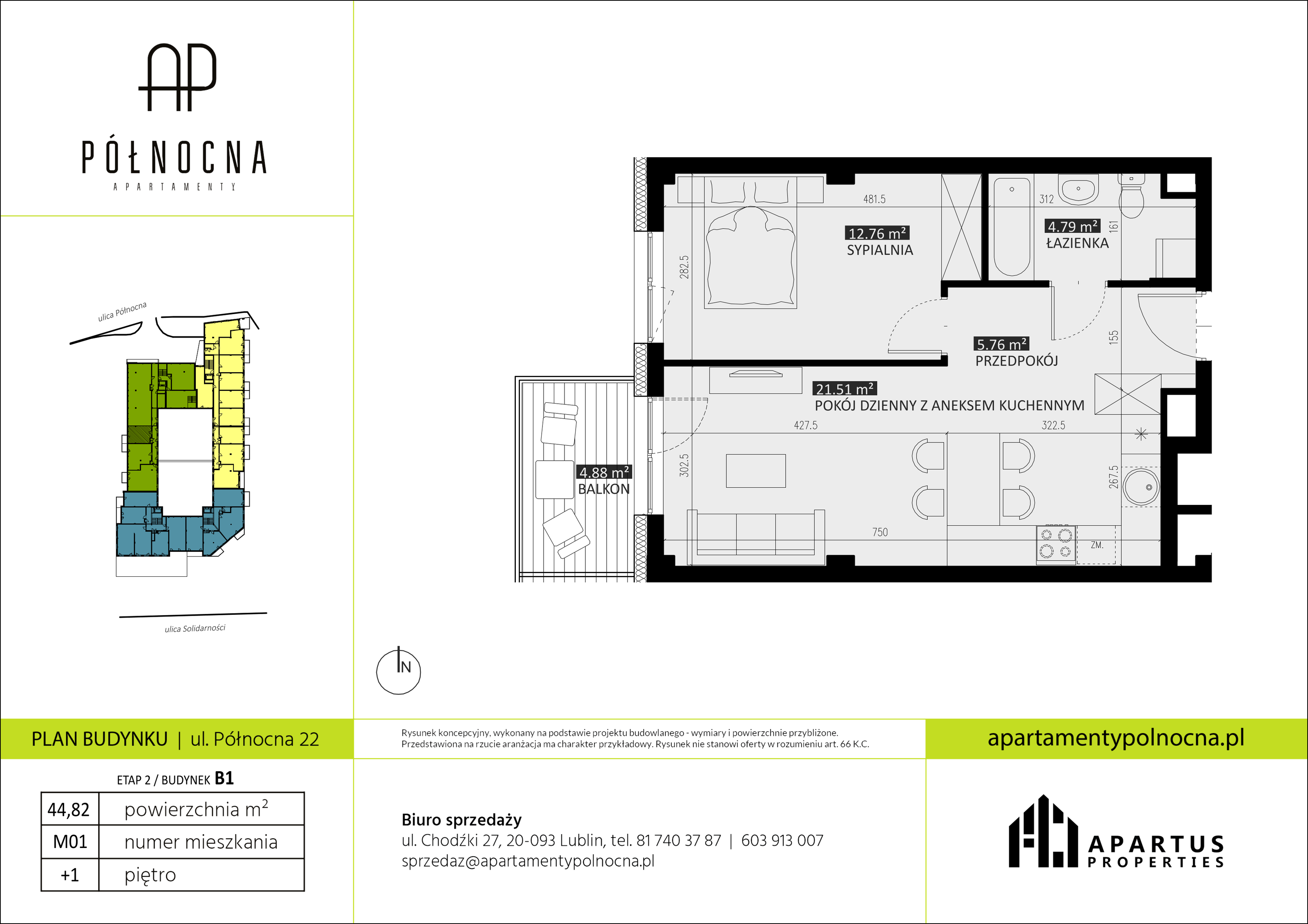 Mieszkanie 44,82 m², piętro 1, oferta nr B1/1, Apartamenty Północna, Lublin, Śródmieście, Śródmieście, ul. Północna 22/24-idx